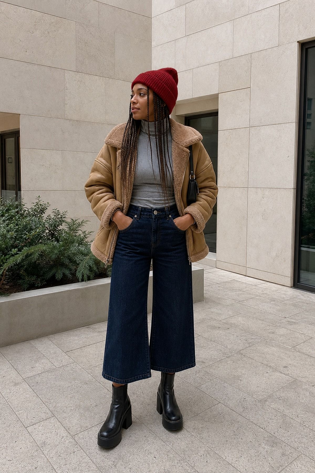 Woman wearing platform boots with wide-leg jeans, a winter boots outfit