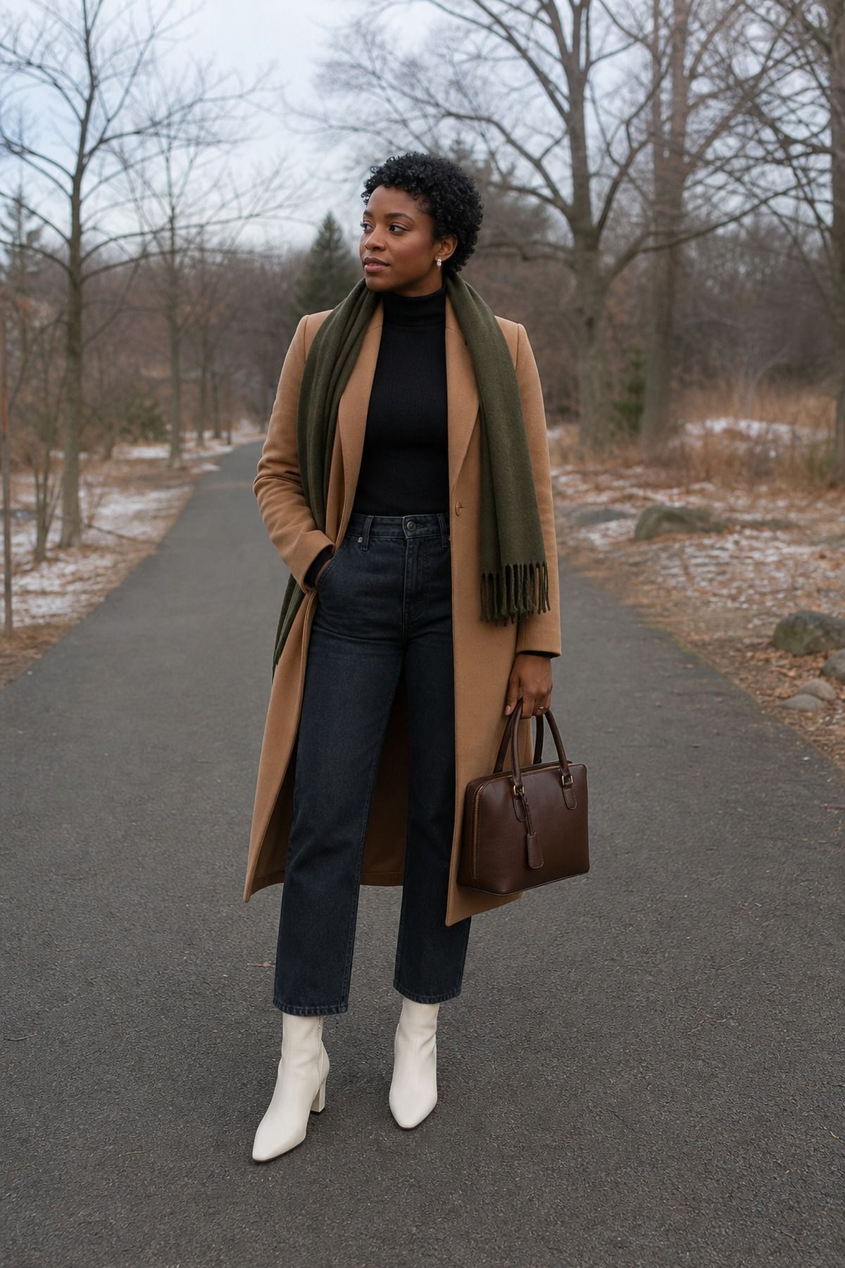 Woman wearing white boots with dark denim, a winter boots outfit