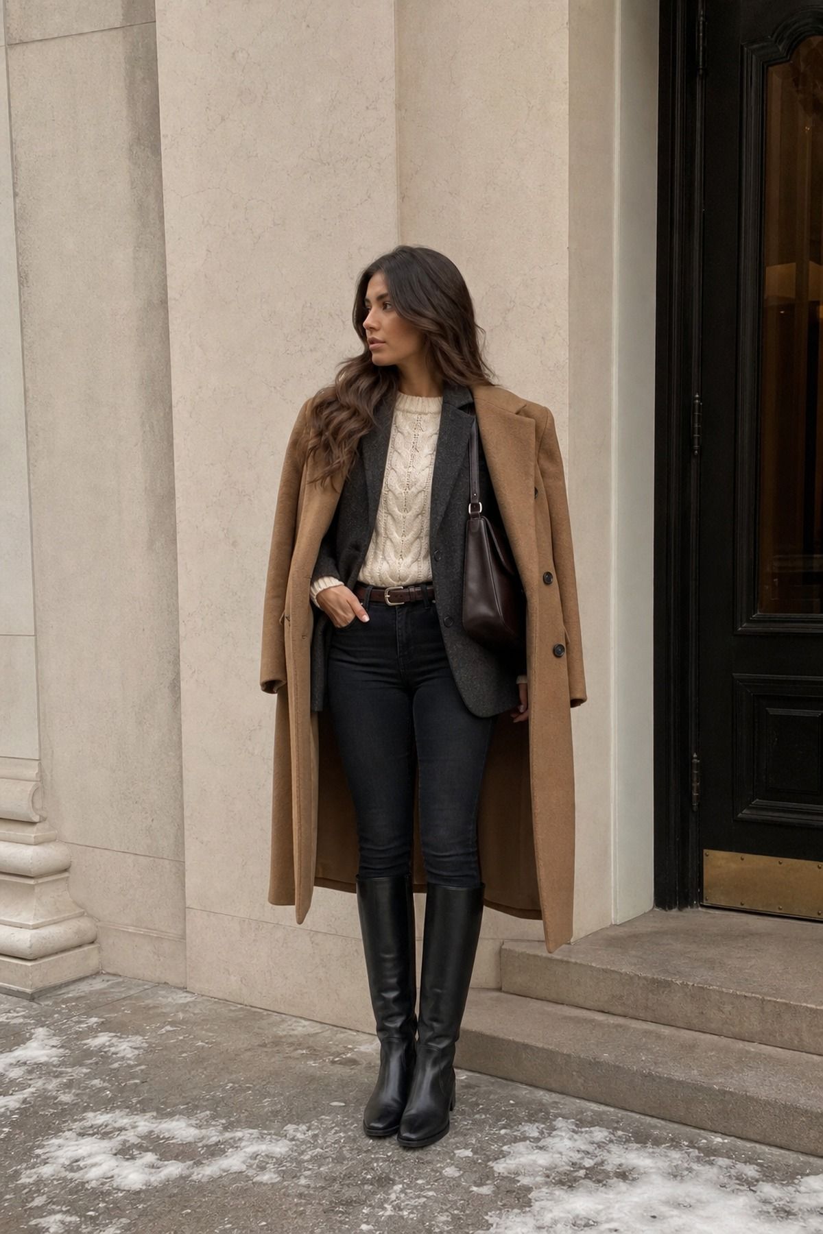 Woman wearing riding boots with a blazer, a winter boots outfit