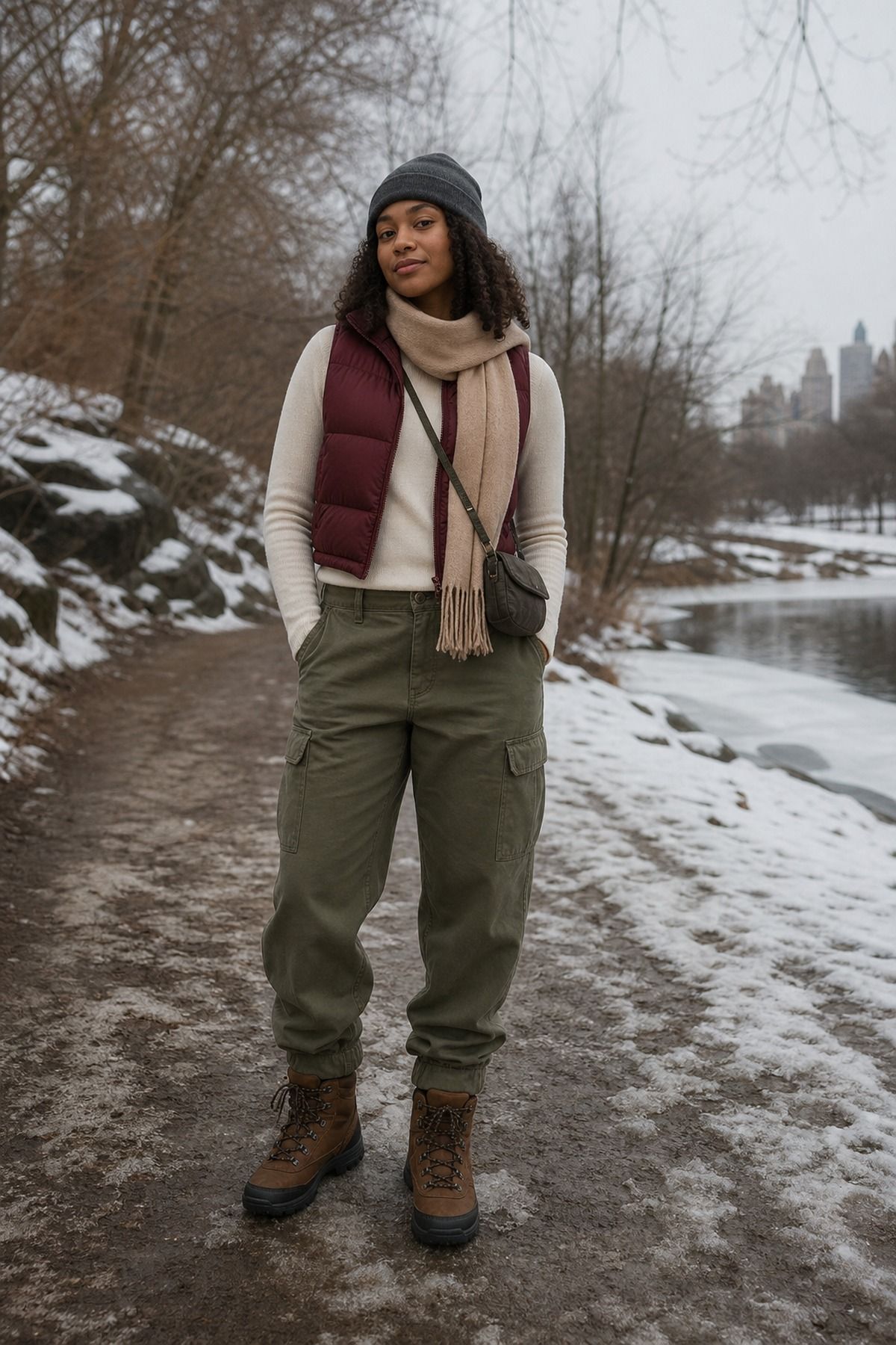 Woman wearing hiker boots with cargo pants, a winter boots outfit