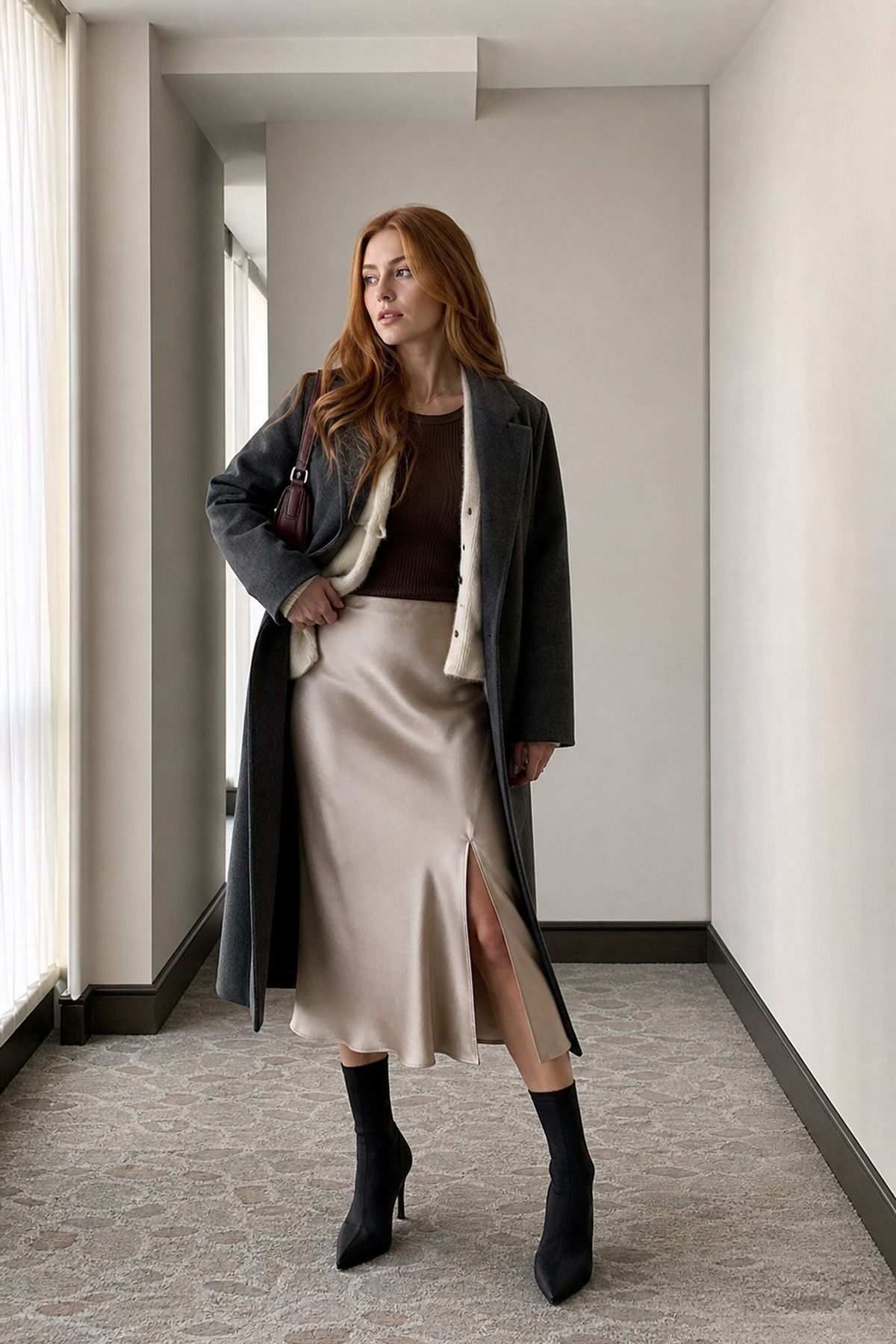 Woman wearing sock boots with a slip skirt, a winter boots outfit