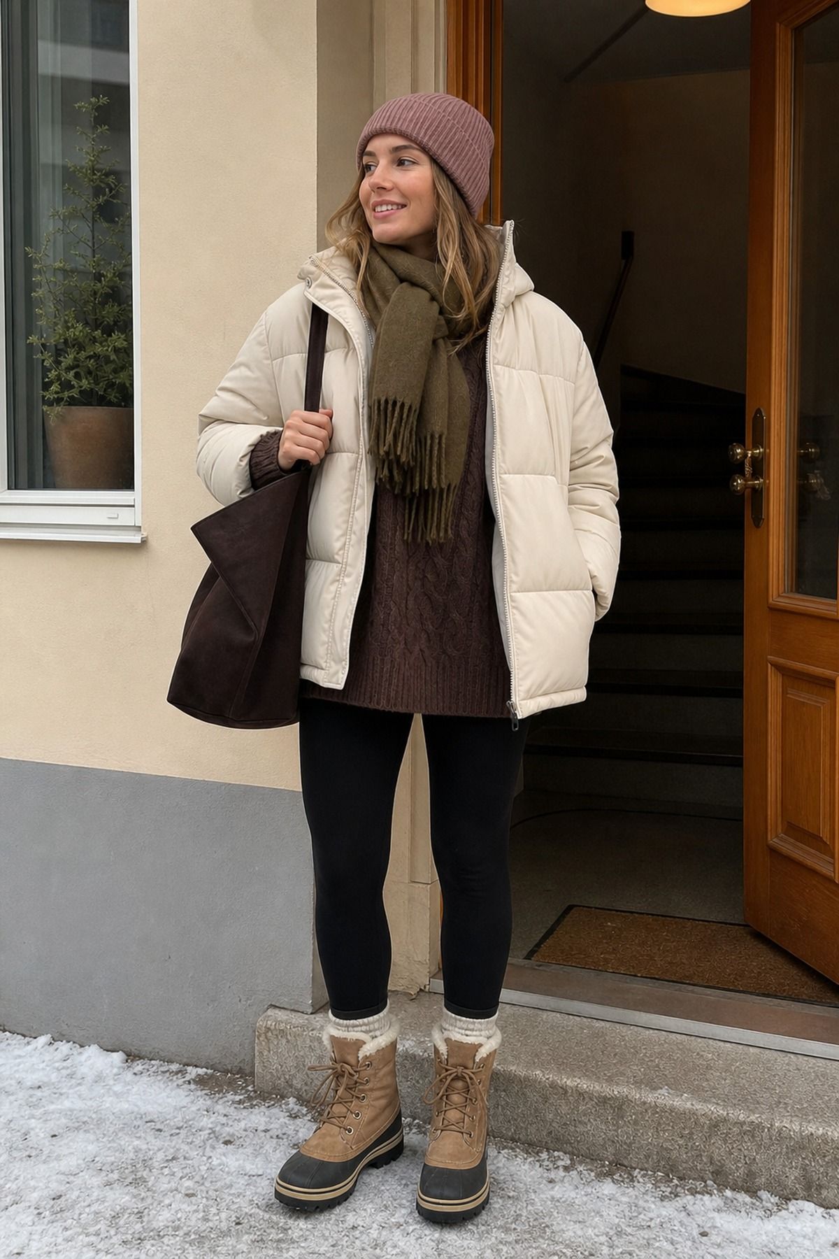 Woman wearing fur-lined boots with leggings, a winter boots outfit