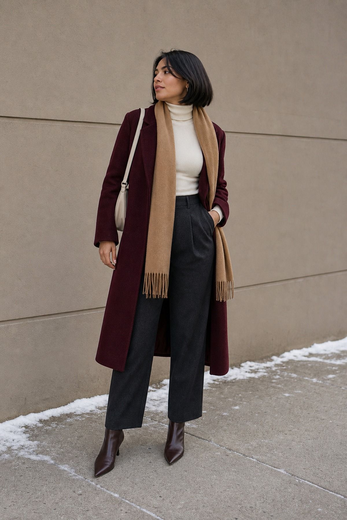Woman wearing pointed boots with trousers, a winter boots outfit