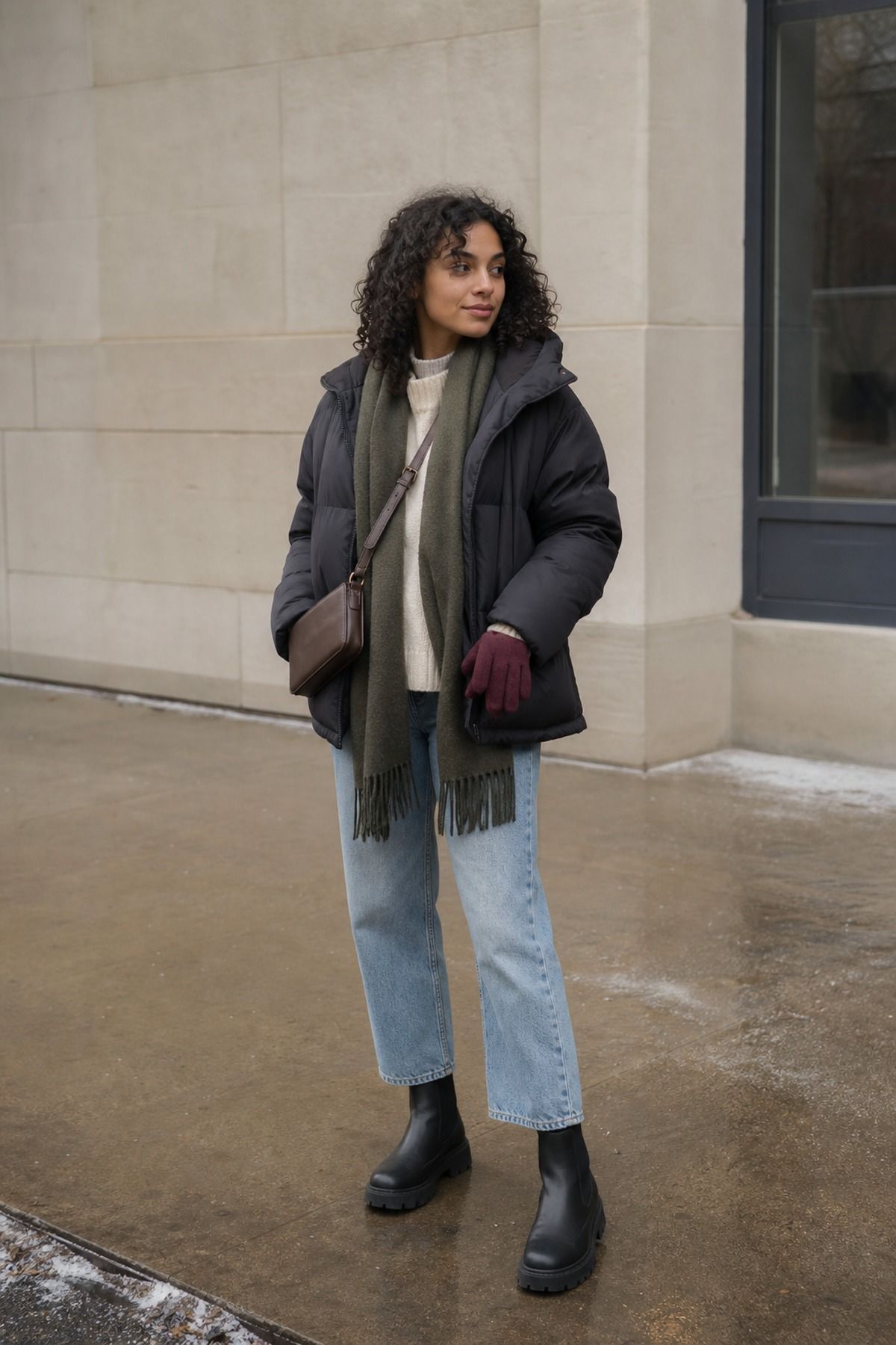Woman wearing chunky boots with a puffer jacket, a winter boots outfit