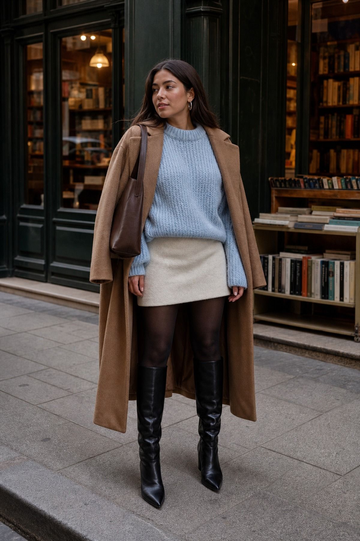 Woman wearing a chunky crewneck sweater
