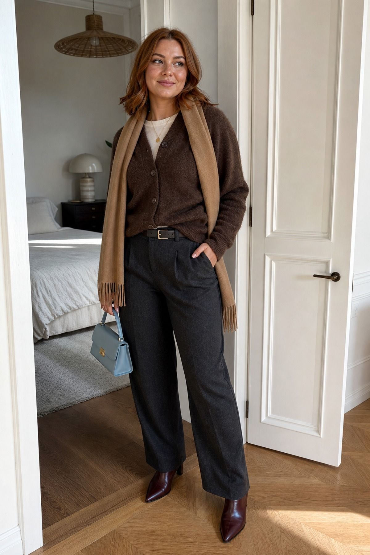 Woman wearing a cashmere or soft wool cardigan