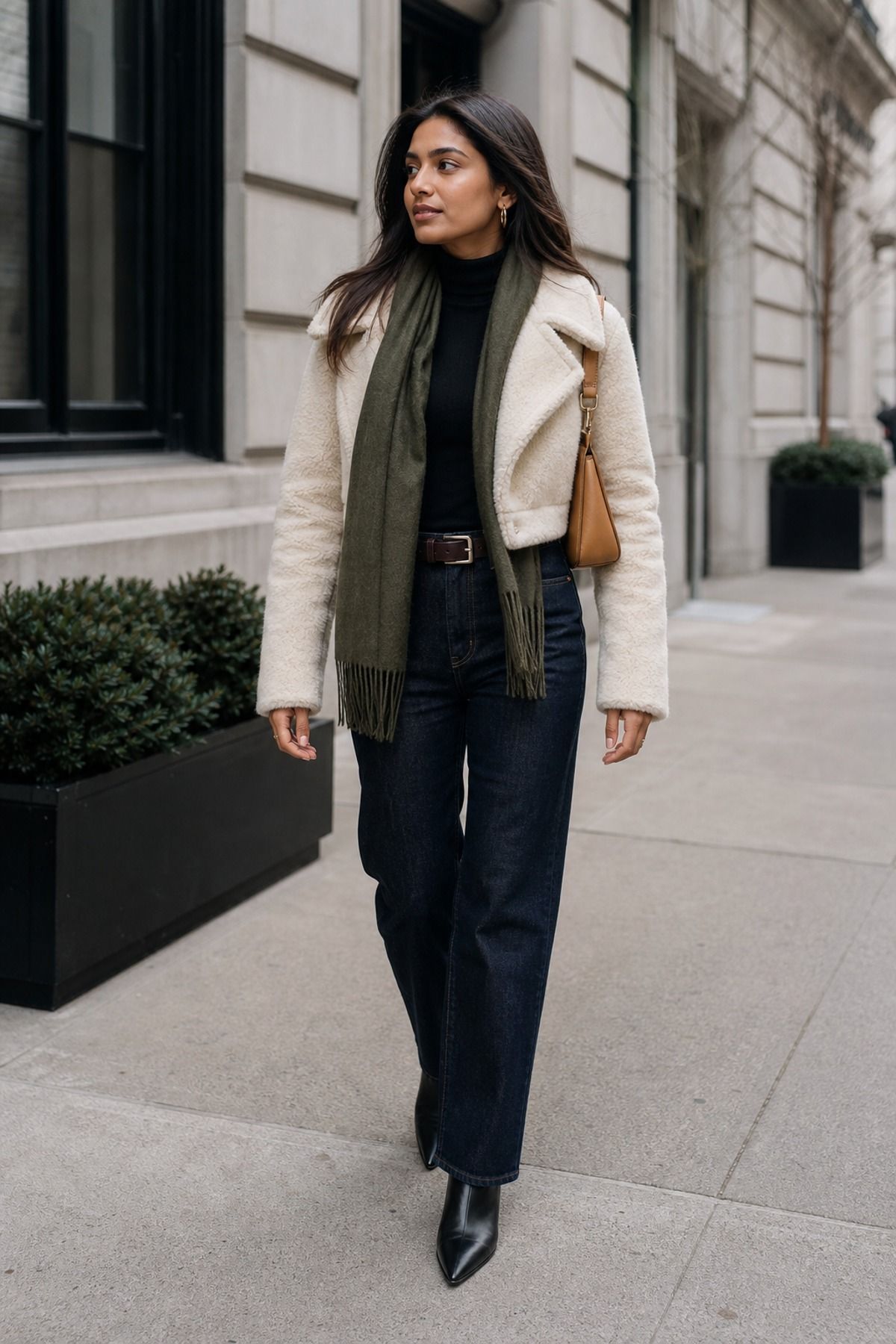 Woman wearing dark straight-leg jeans