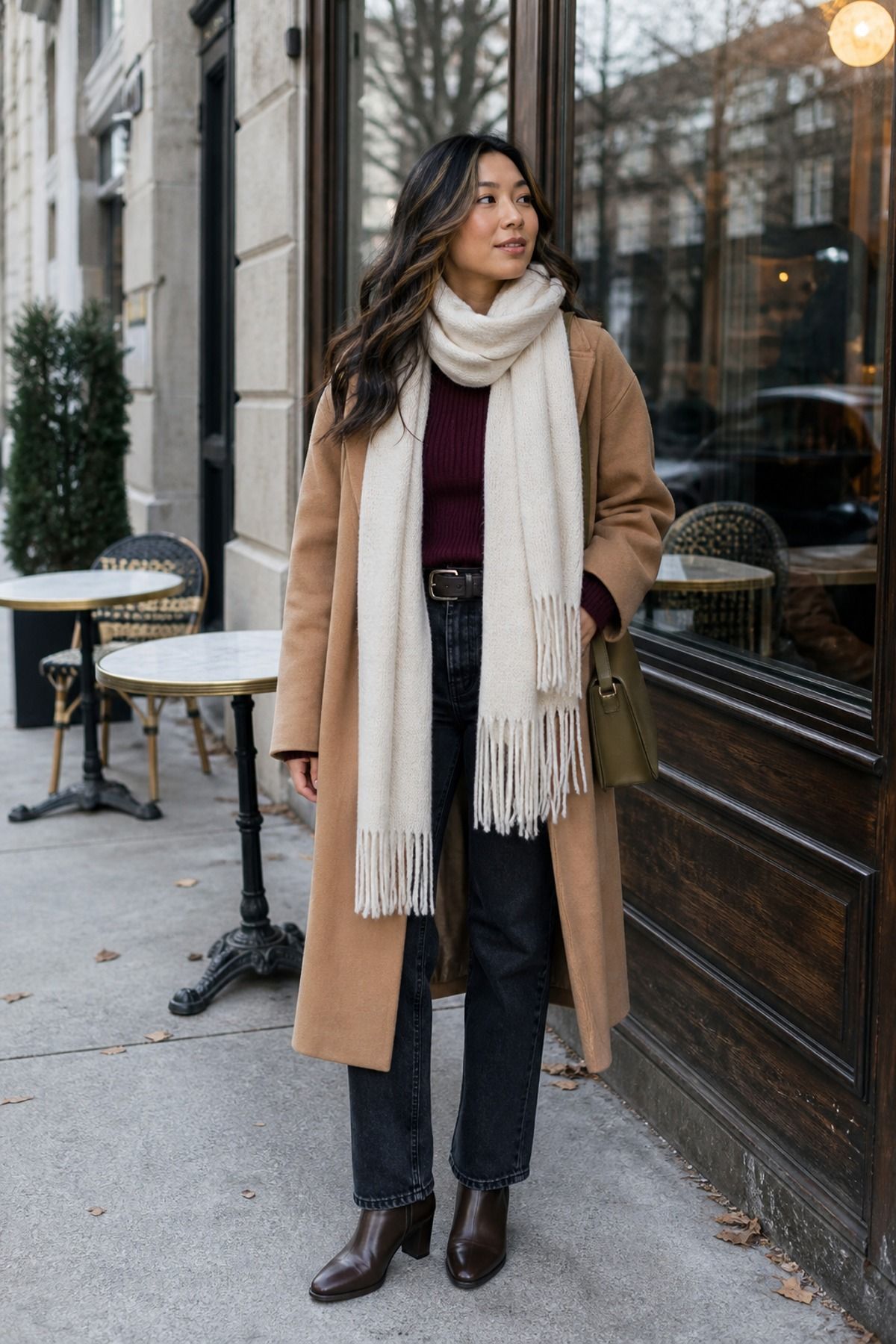 Woman wearing a long scarf in a soft neutral