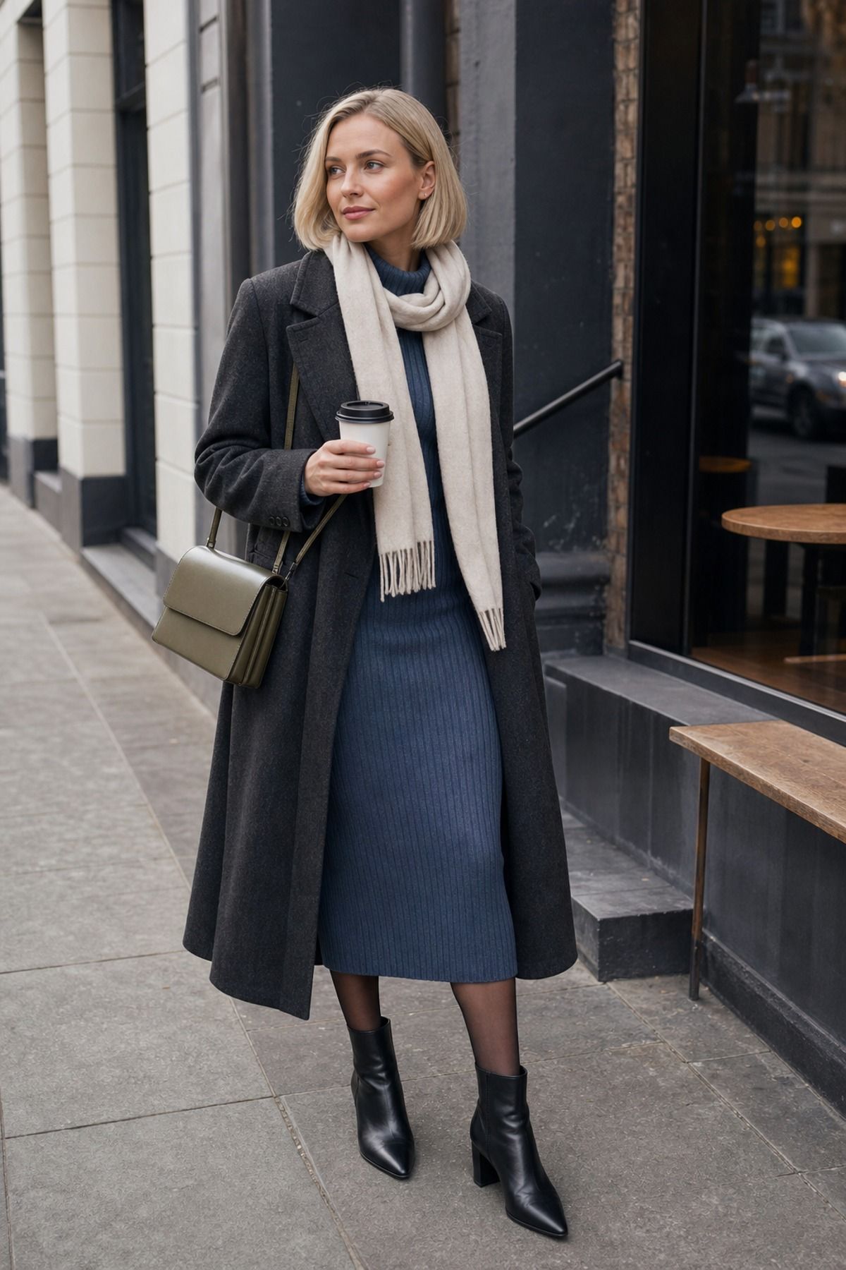 Woman wearing a ribbed midi dress with a wool coat, a winter dress outfit