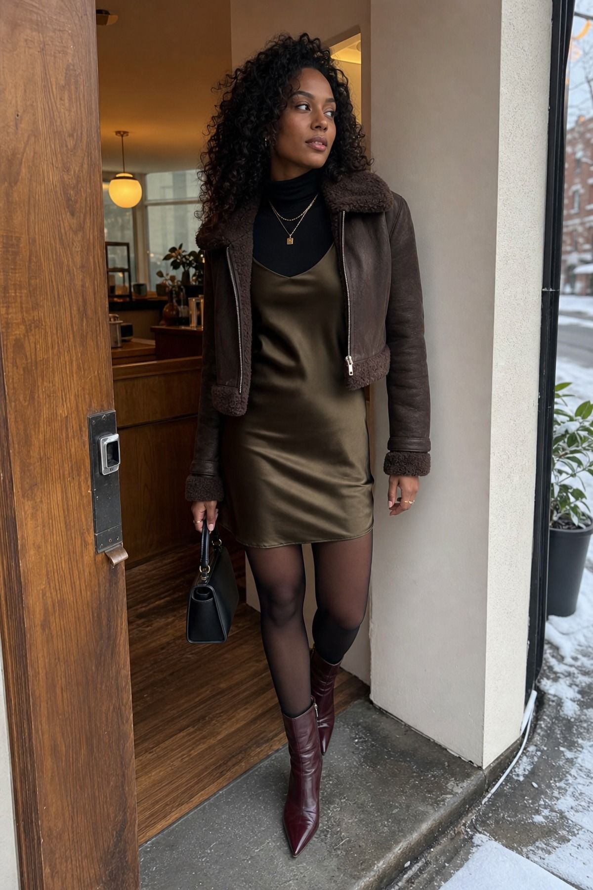 Woman wearing a slip dress over a turtleneck, a winter dress outfit