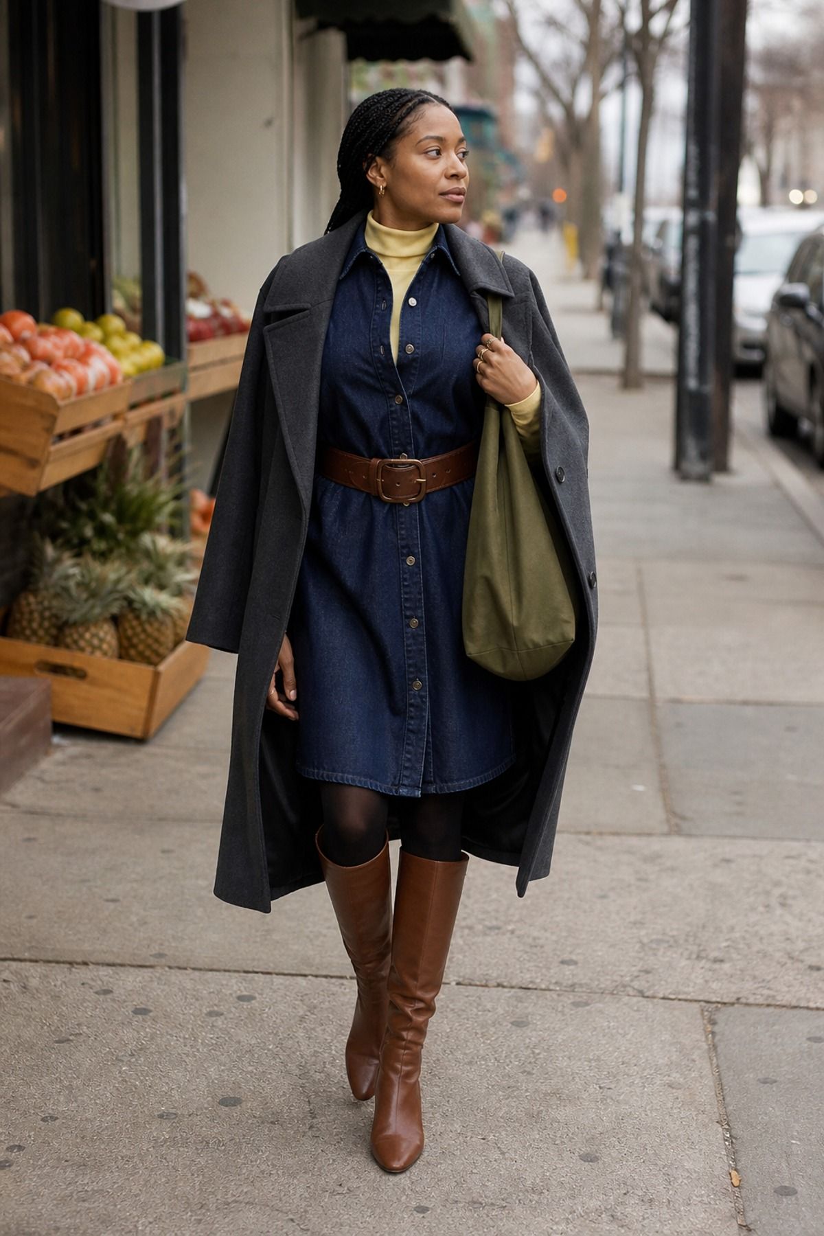 Woman wearing a denim dress with a turtleneck, a winter dress outfit