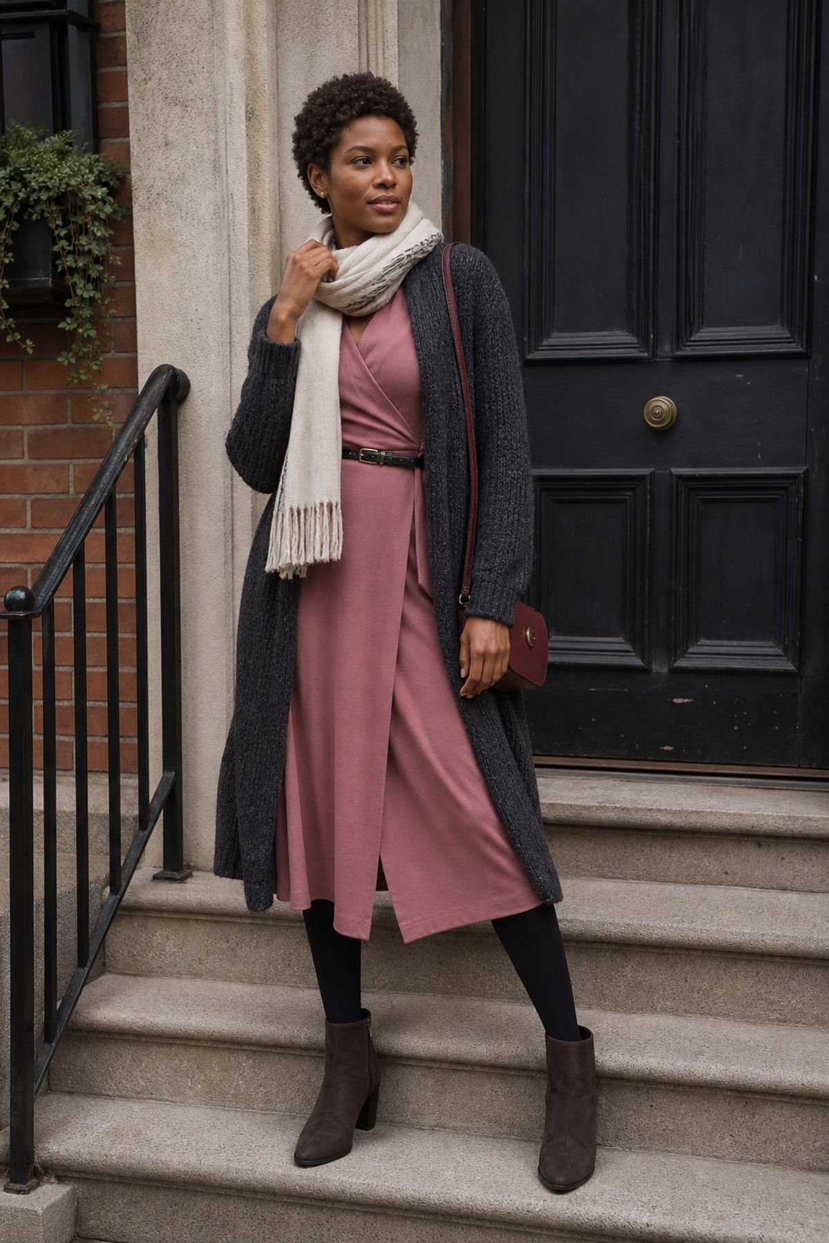 Woman wearing a wrap dress with a long cardigan, a winter dress outfit
