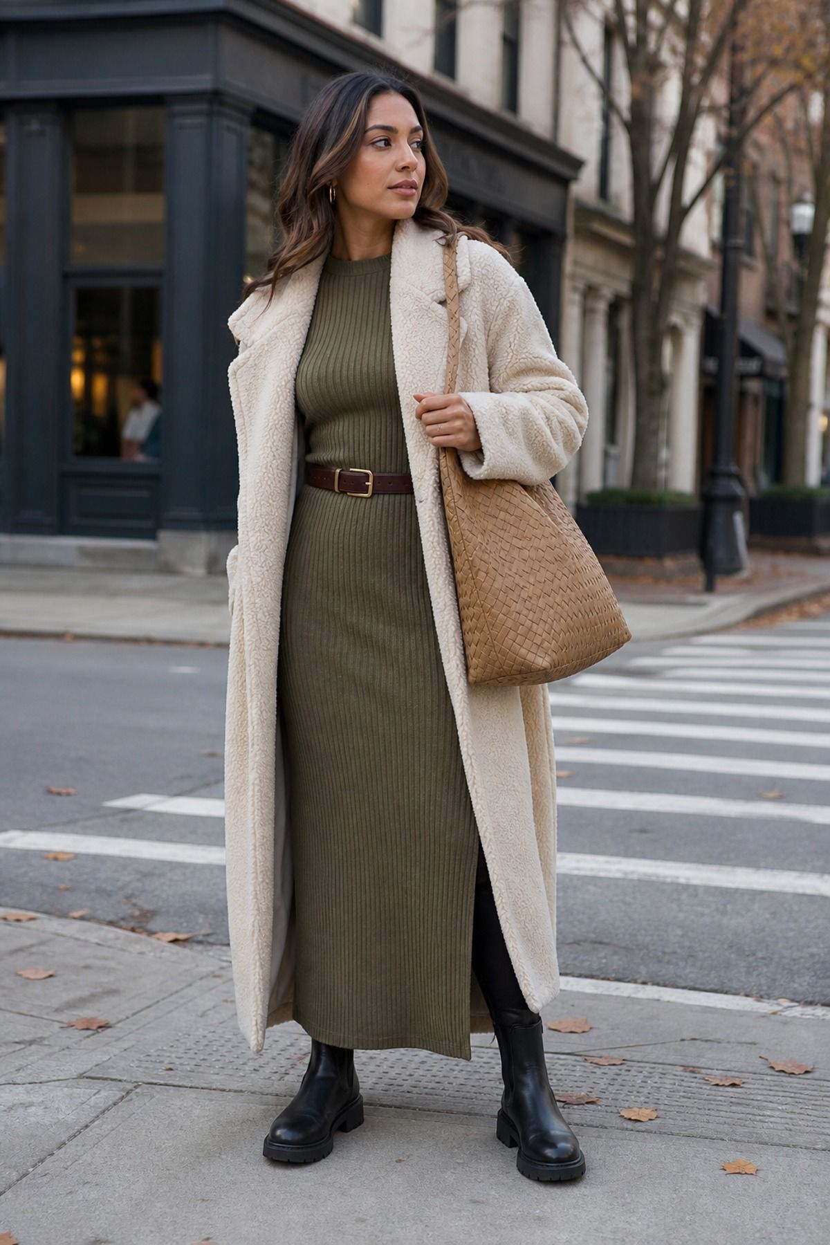 Woman wearing a maxi dress with a teddy coat, a winter dress outfit