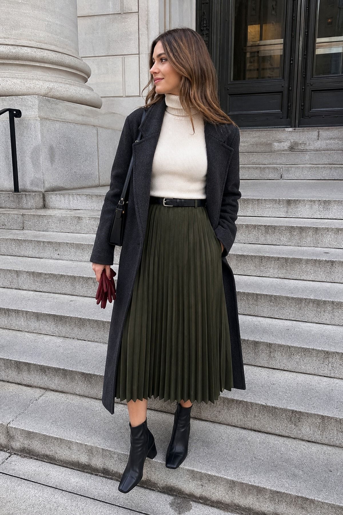 Woman wearing a pleated midi skirt with a turtleneck, a winter skirt outfit