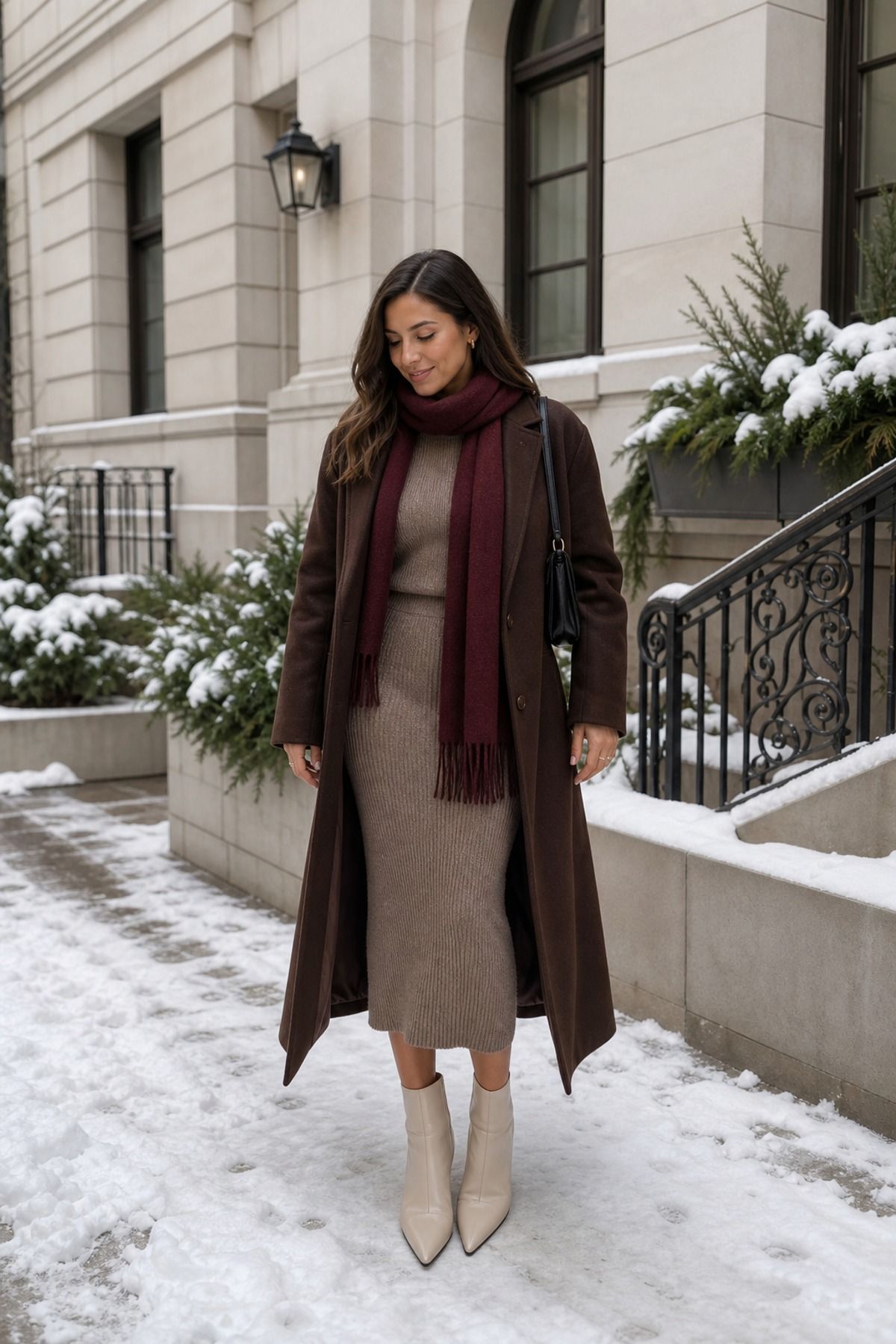 Woman wearing a knit skirt set with a long coat, a winter skirt outfit