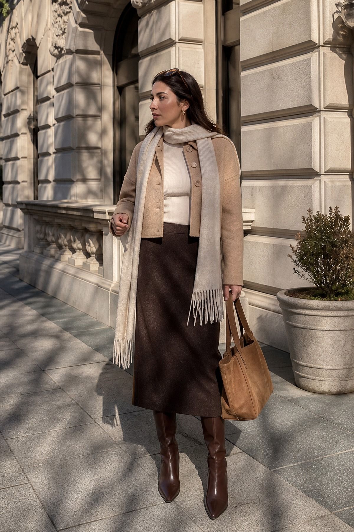Woman wearing a brown skirt with cream layers, a winter skirt outfit