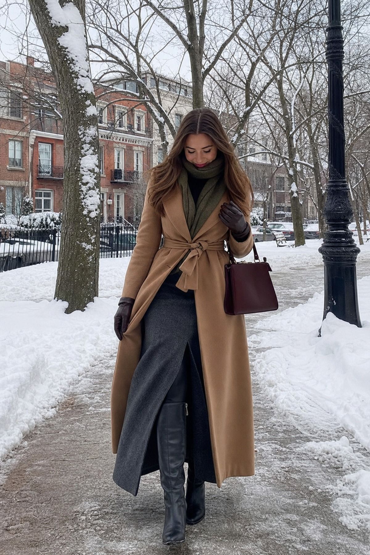 Woman wearing a maxi skirt with a belted coat, a winter skirt outfit