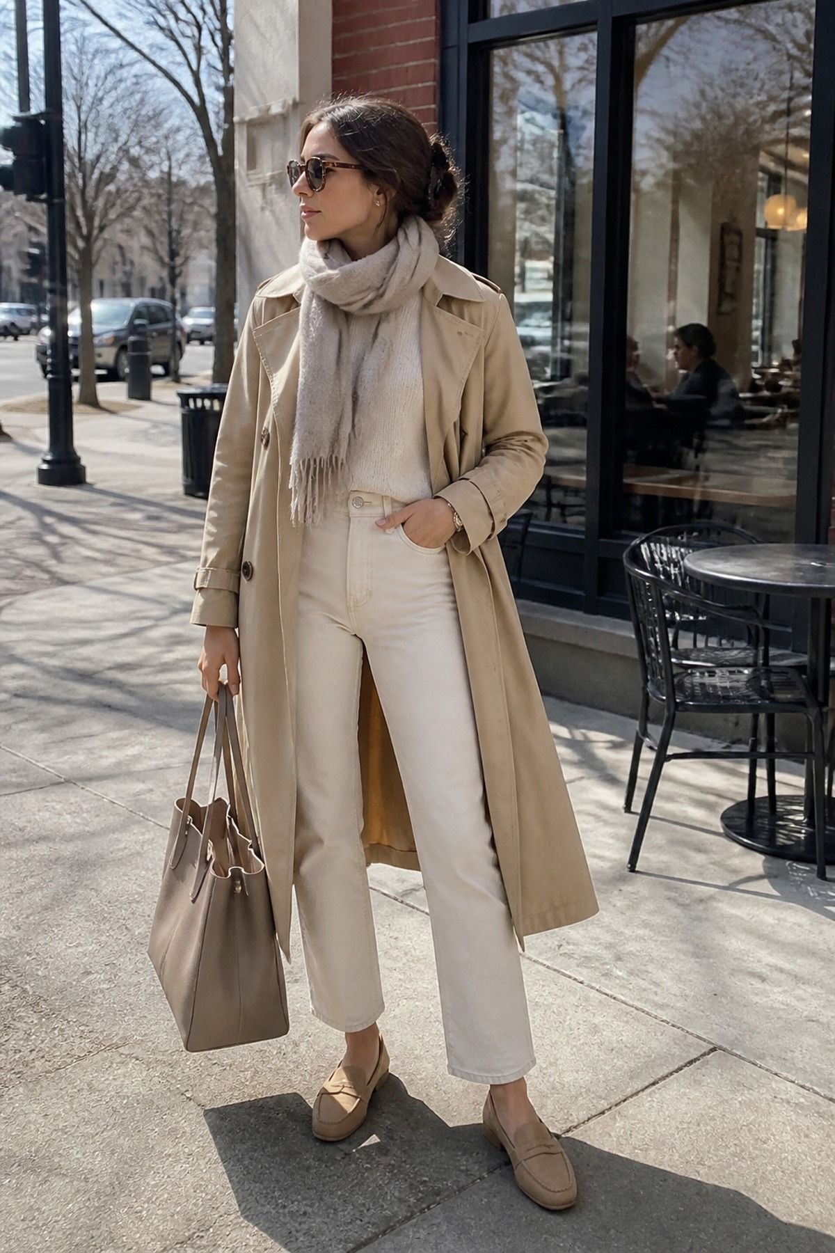 Woman wearing a trench coat with cream jeans, a winter to spring outfit