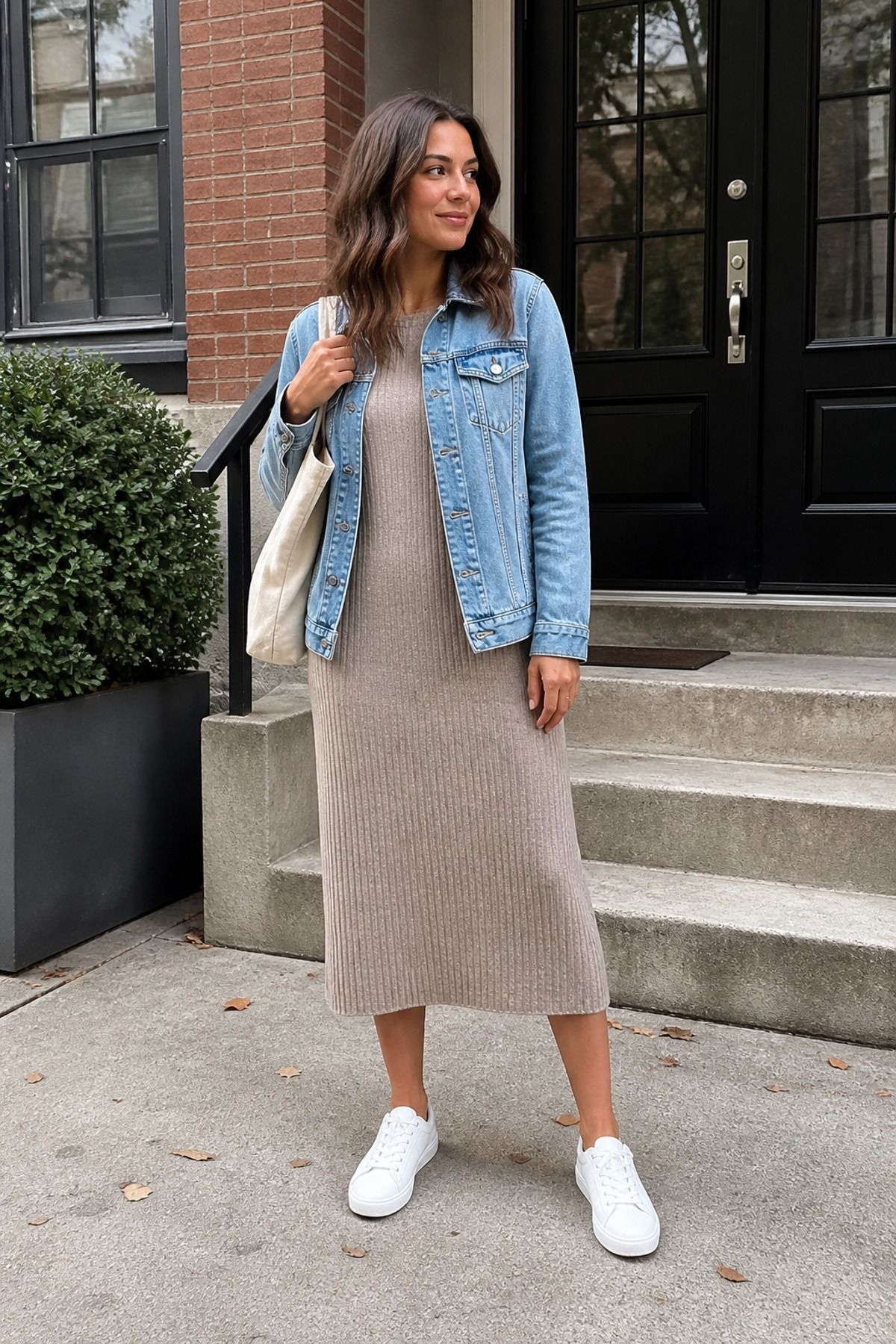 Woman wearing a denim jacket with a knit dress, a winter to spring outfit
