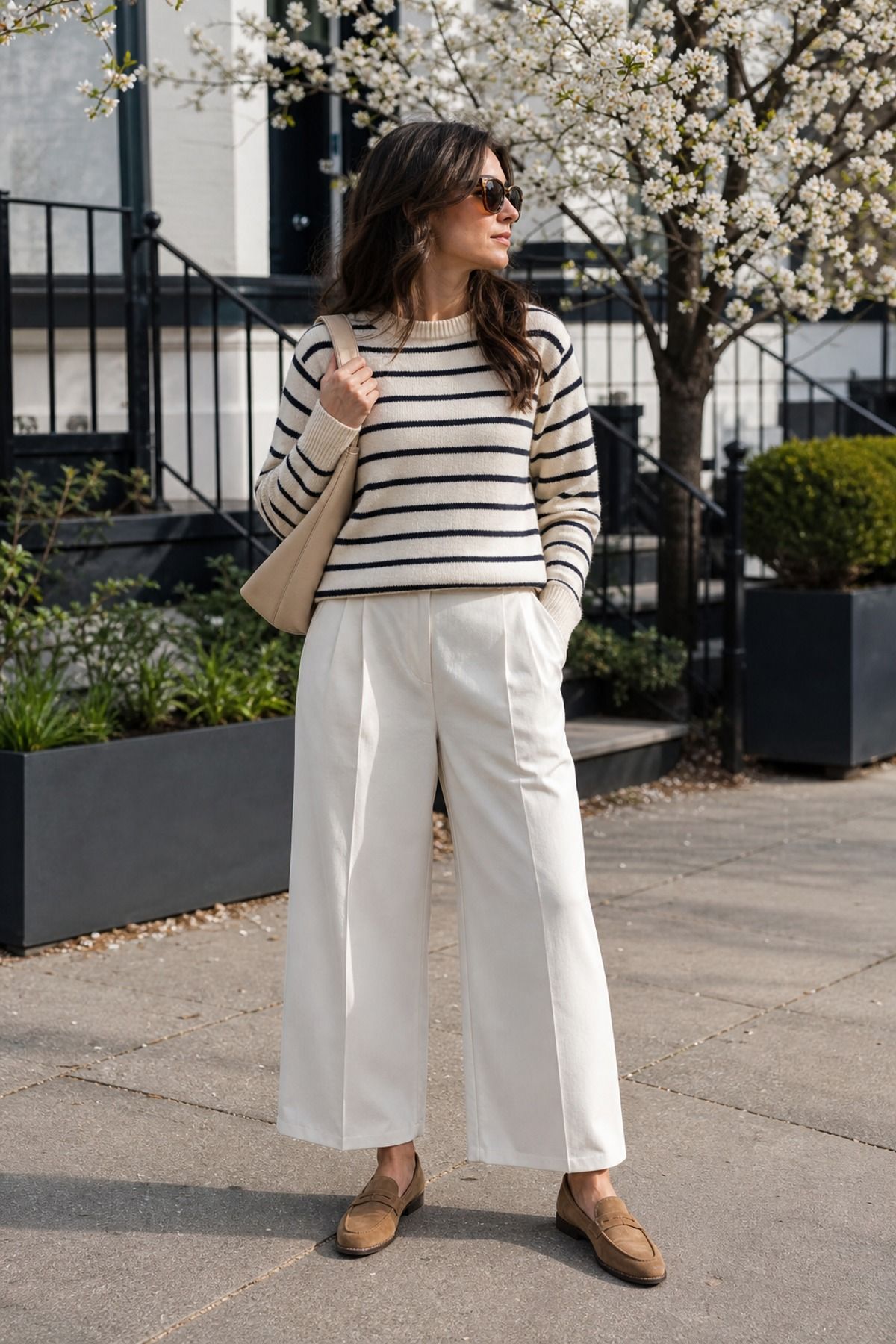Woman wearing a striped sweater with ecru pants, a winter to spring outfit