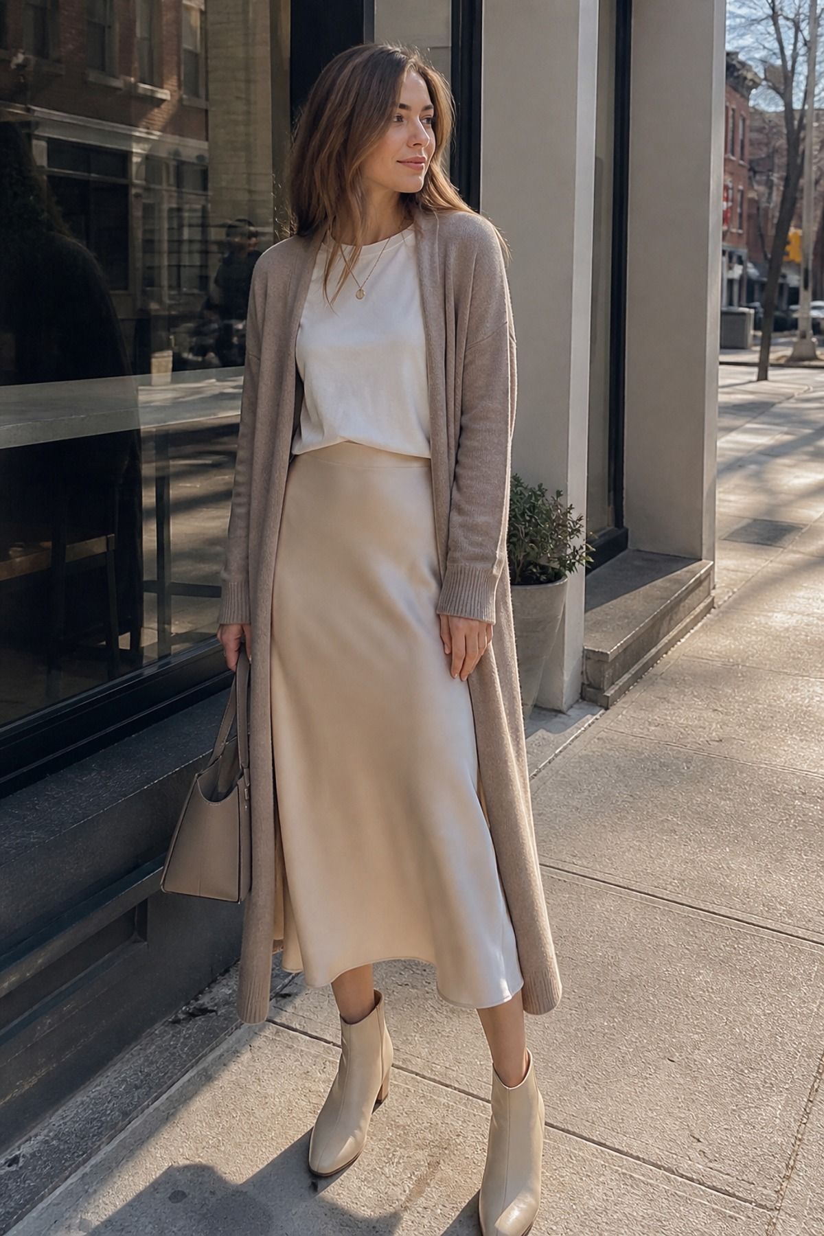 Woman wearing a long cardigan with a slip skirt, a winter to spring outfit