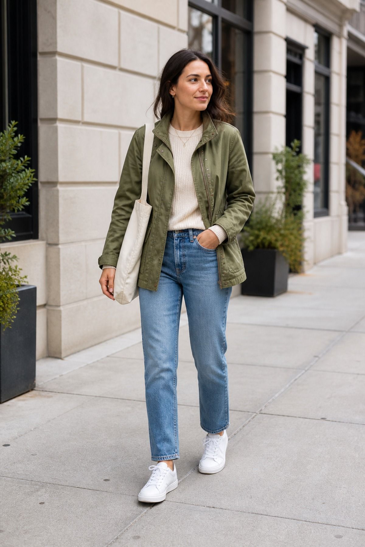 Woman wearing an utility jacket with white sneakers, a winter to spring outfit