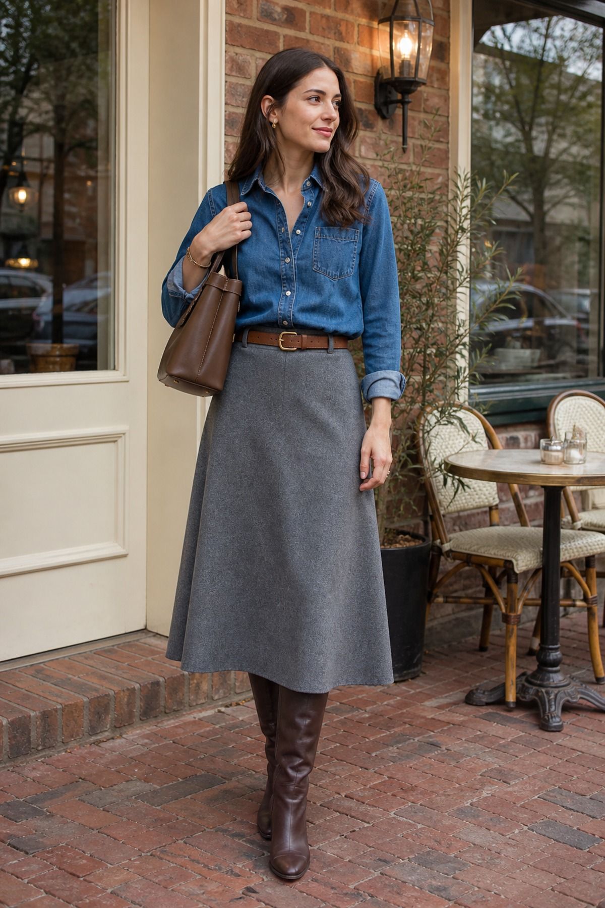 Woman wearing a denim shirt with a wool skirt, a winter to spring outfit