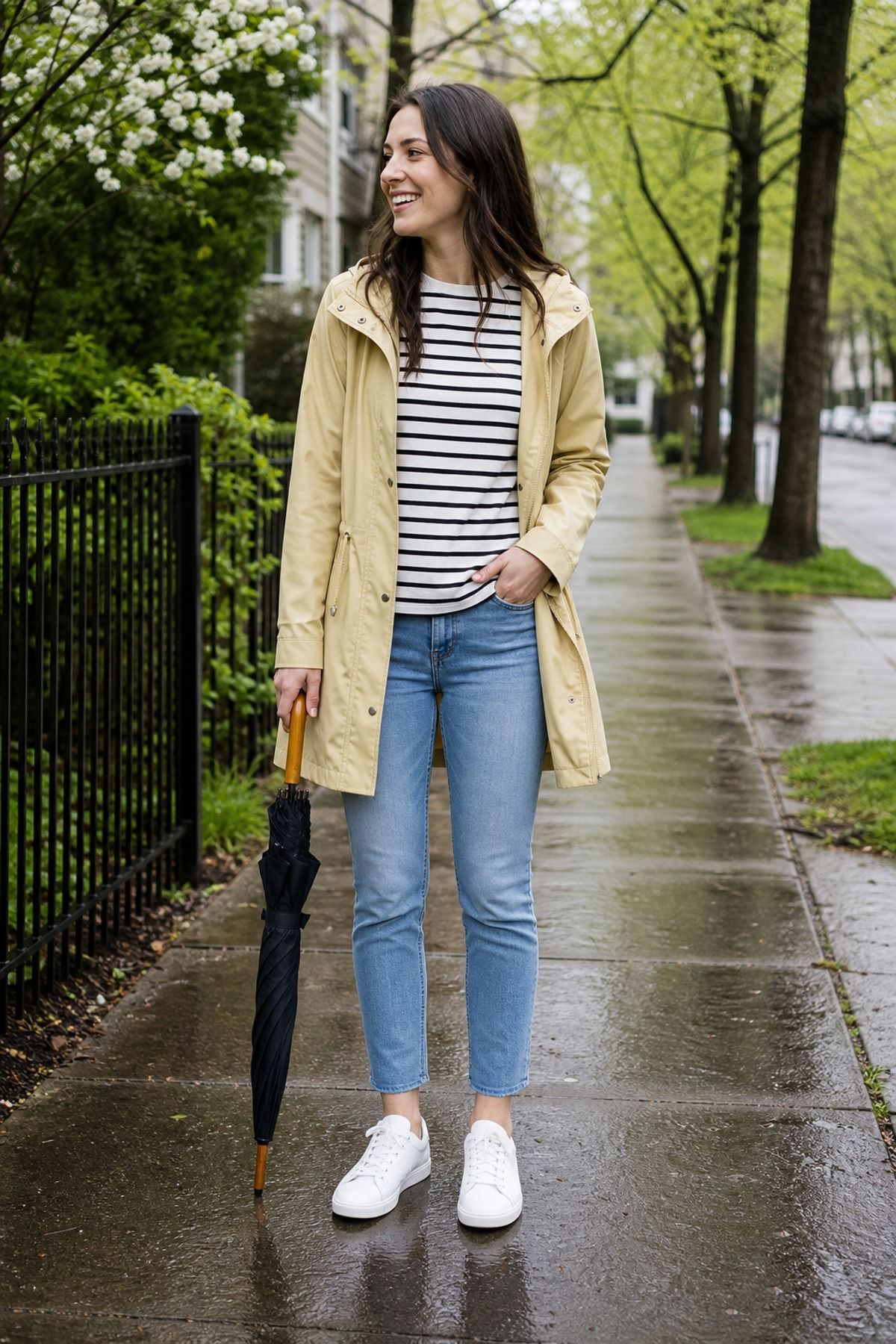 Woman wearing a raincoat with a striped tee, a winter to spring outfit