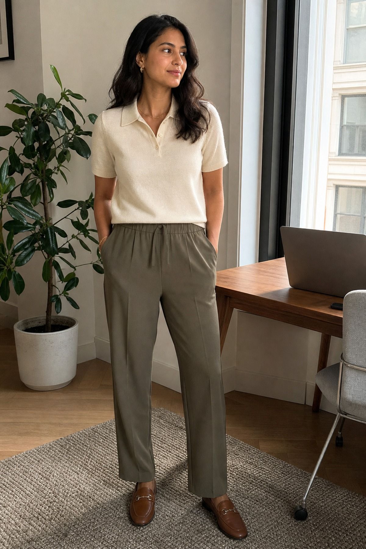 Woman wearing a knit polo with pull-on trousers, a work from home outfit