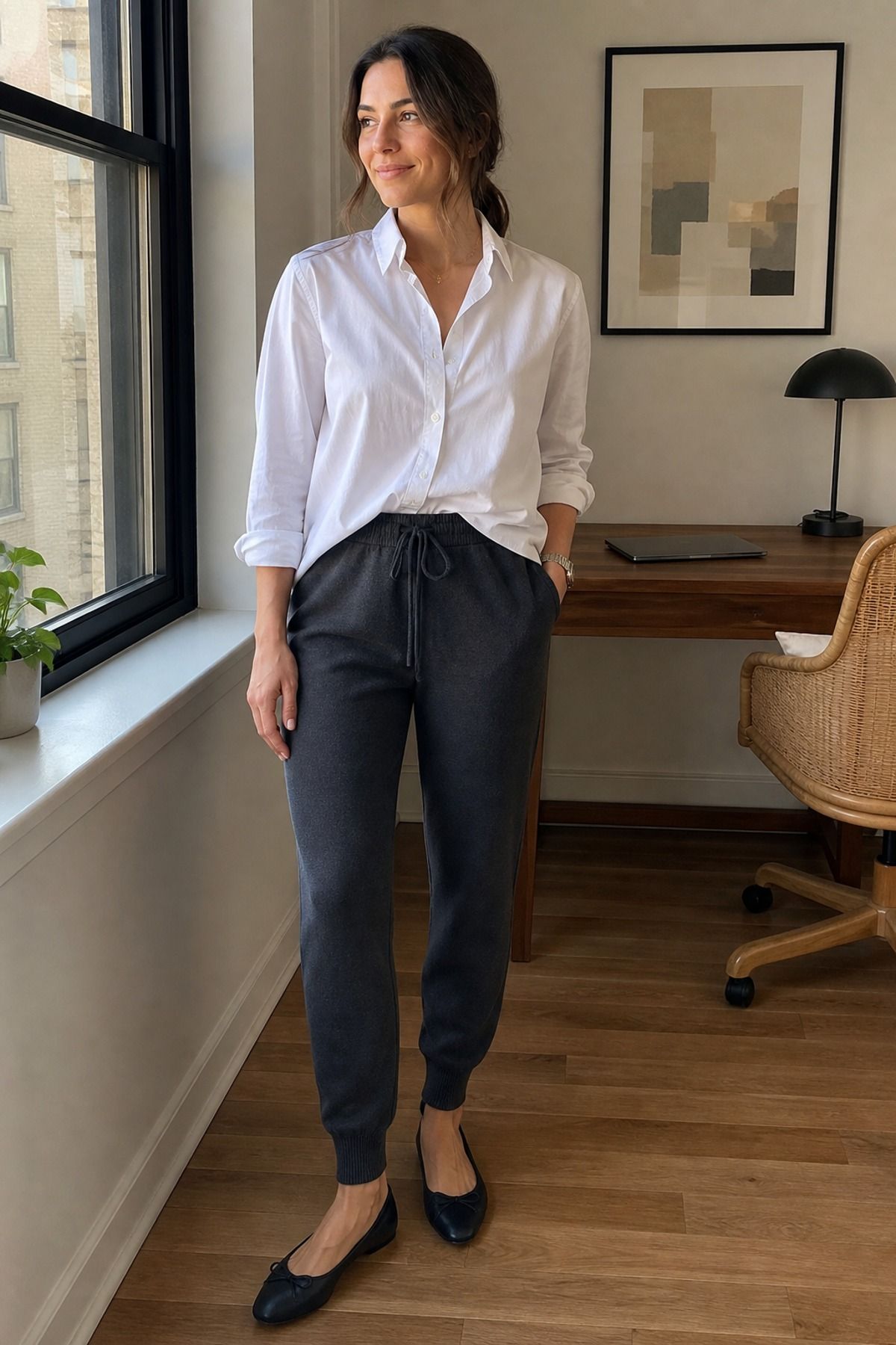 Woman wearing a button down with knit joggers, a work from home outfit
