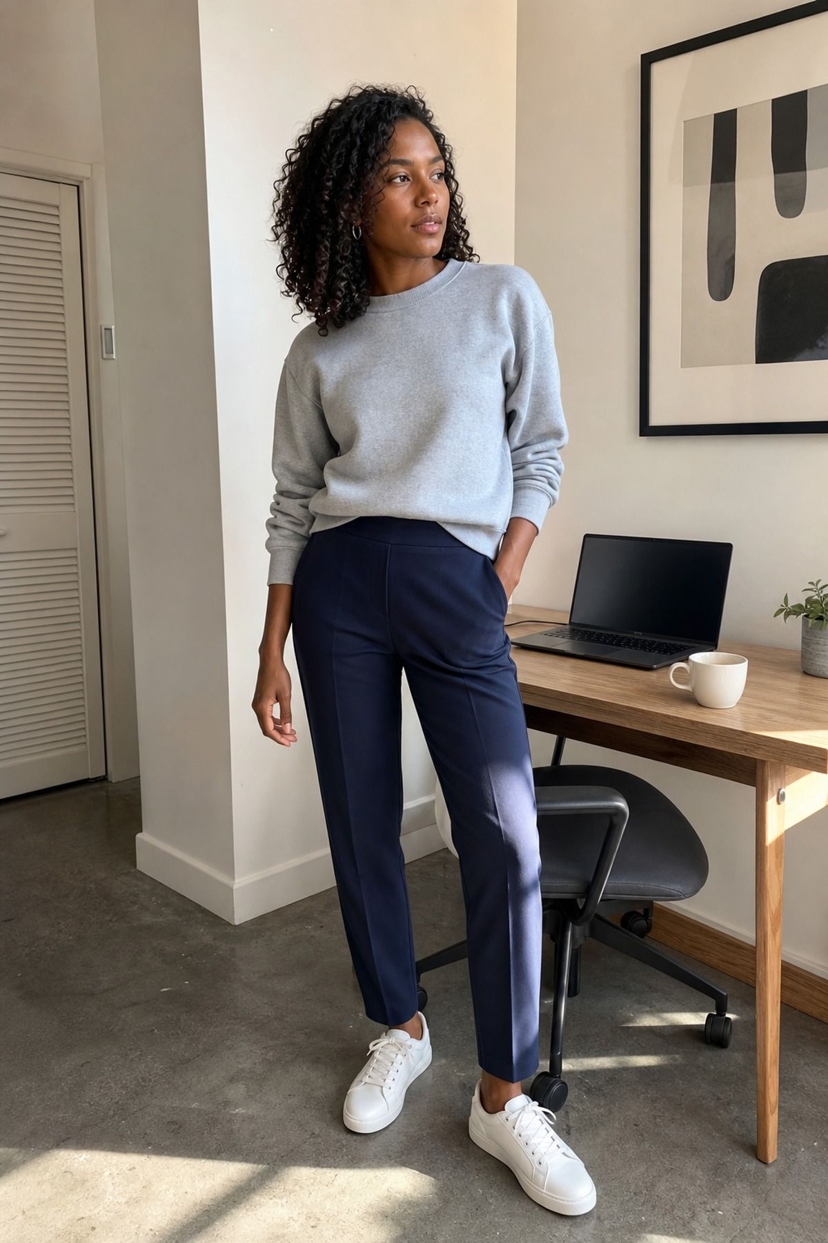 Woman wearing a sweatshirt with tailored pull-on pants, a work from home outfit