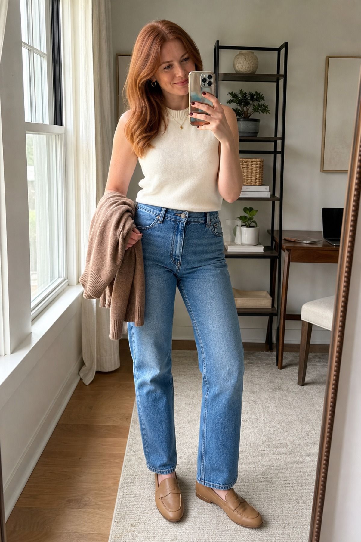 Woman wearing a sleeveless sweater with straight jeans, a work from home outfit