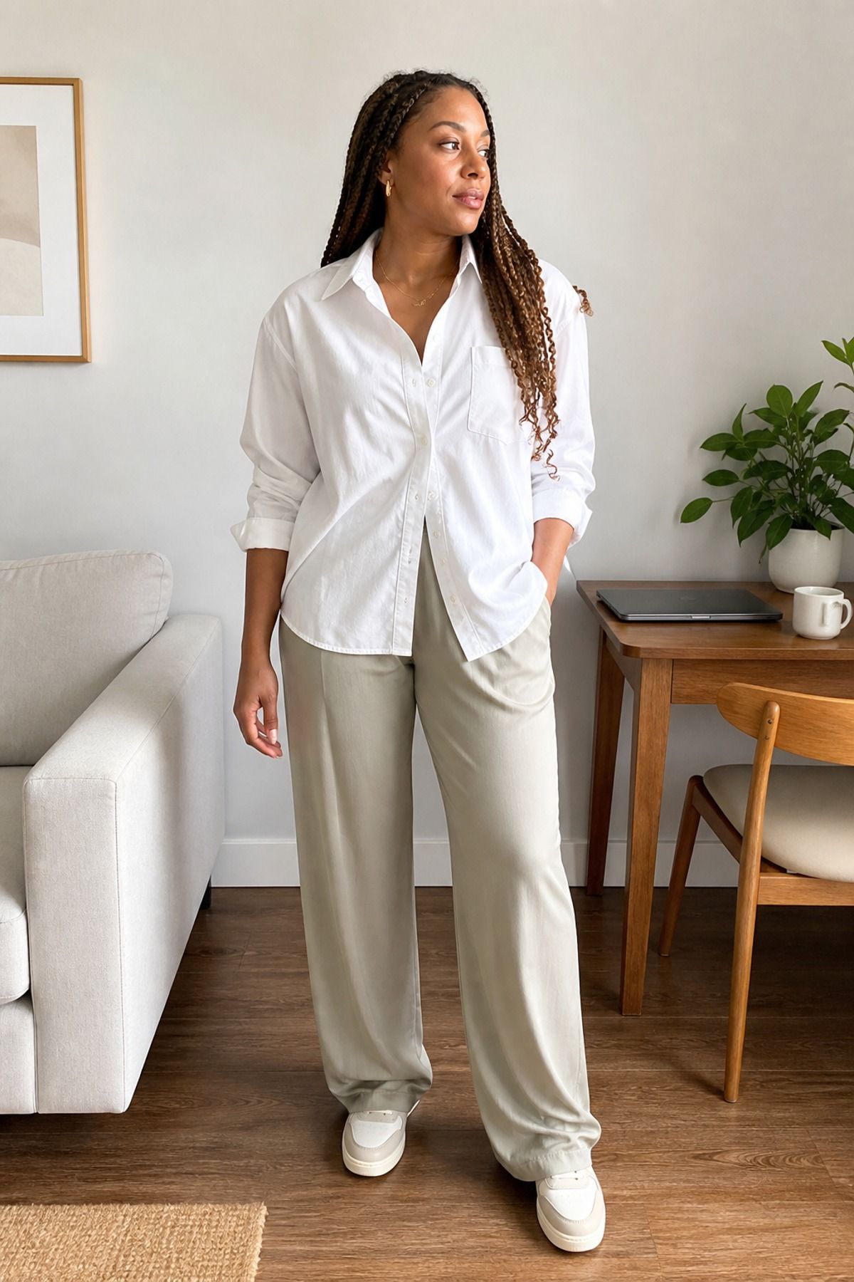 Woman wearing a cotton blouse with lounge pants, a work from home outfit