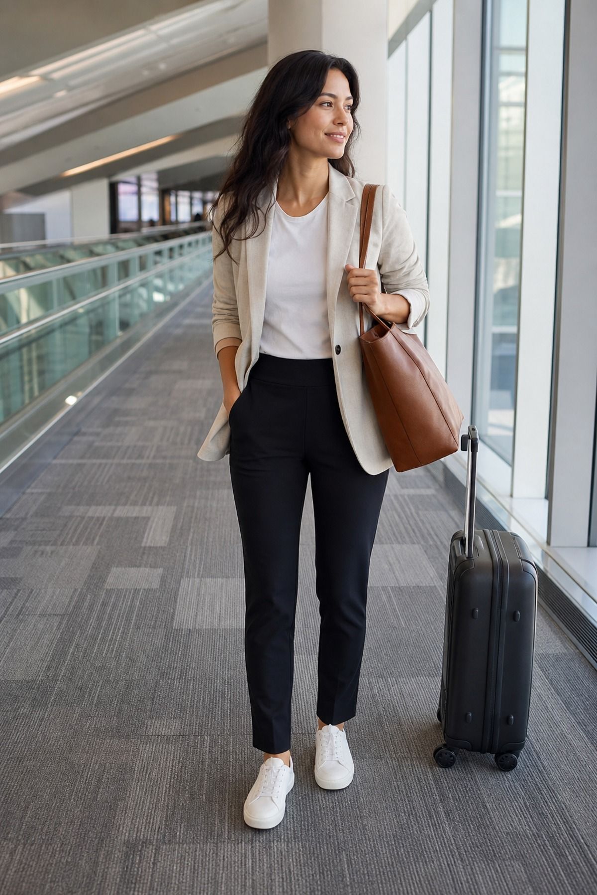 Woman wearing ponte pants with a soft blazer airport