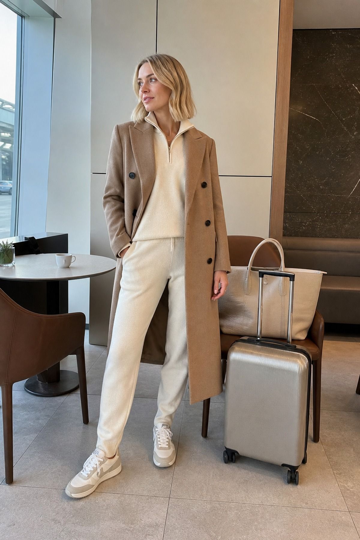 Woman wearing a knit set with a long coat airport