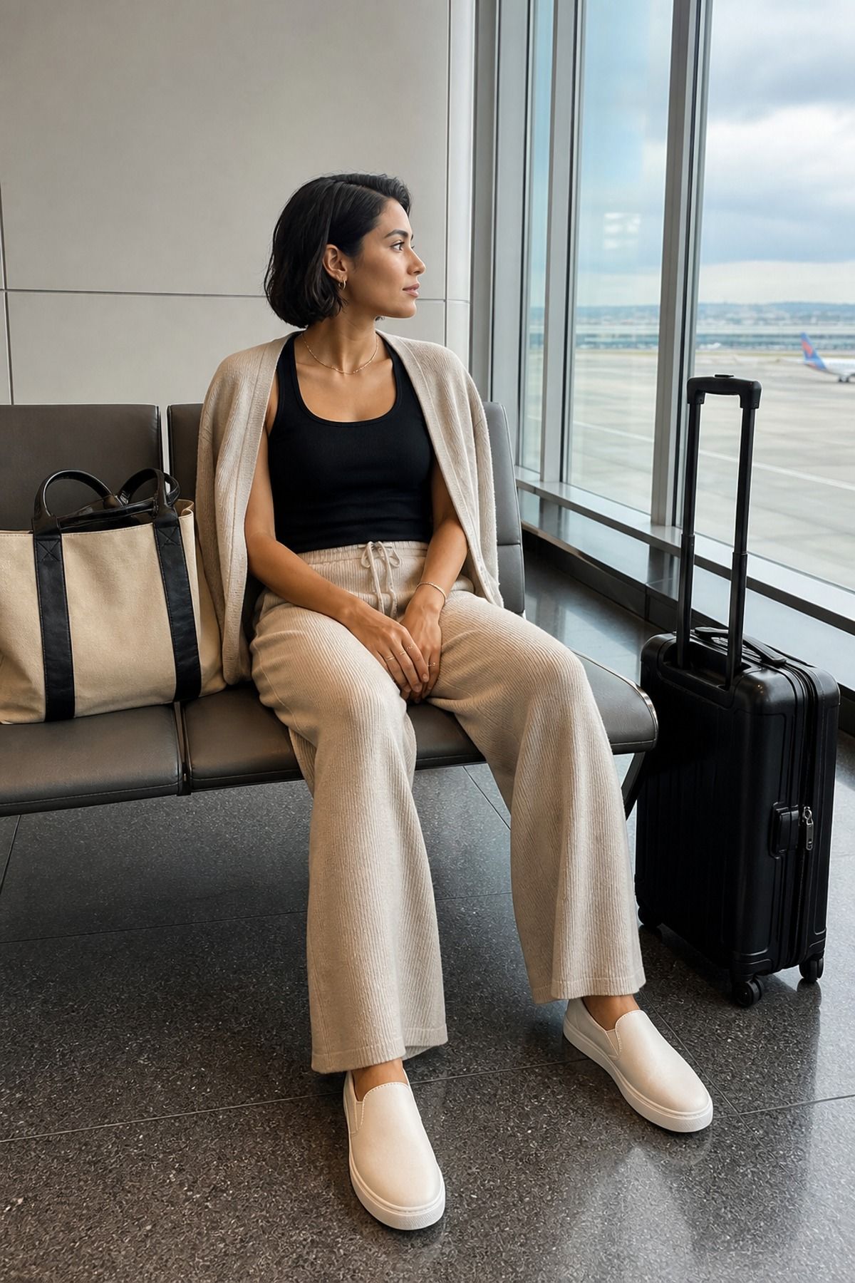 Woman wearing wide-leg knit pants with a tank airport
