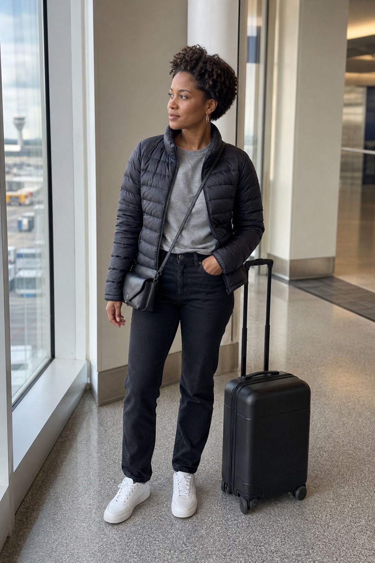 Woman wearing a packable puffer with black jeans airport