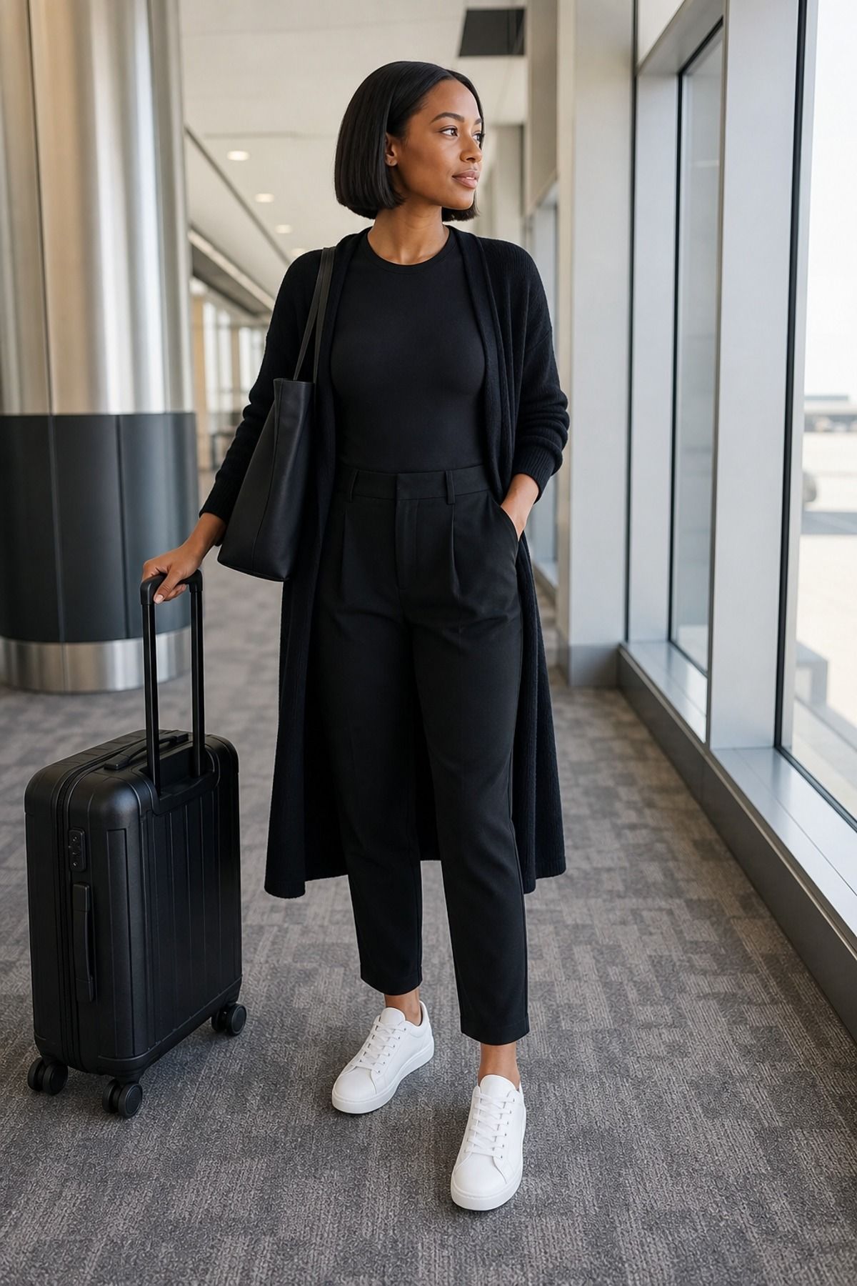 Woman wearing a monochrome black with white sneakers airport