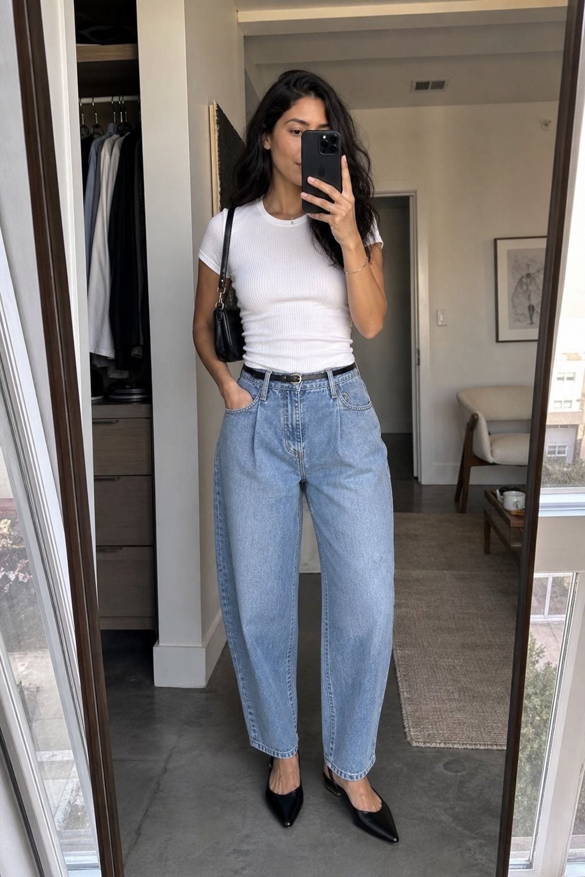 Woman wearing barrel jeans with a slim ribbed tee