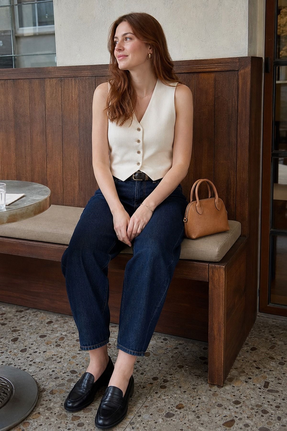 Woman wearing barrel jeans with a tailored vest