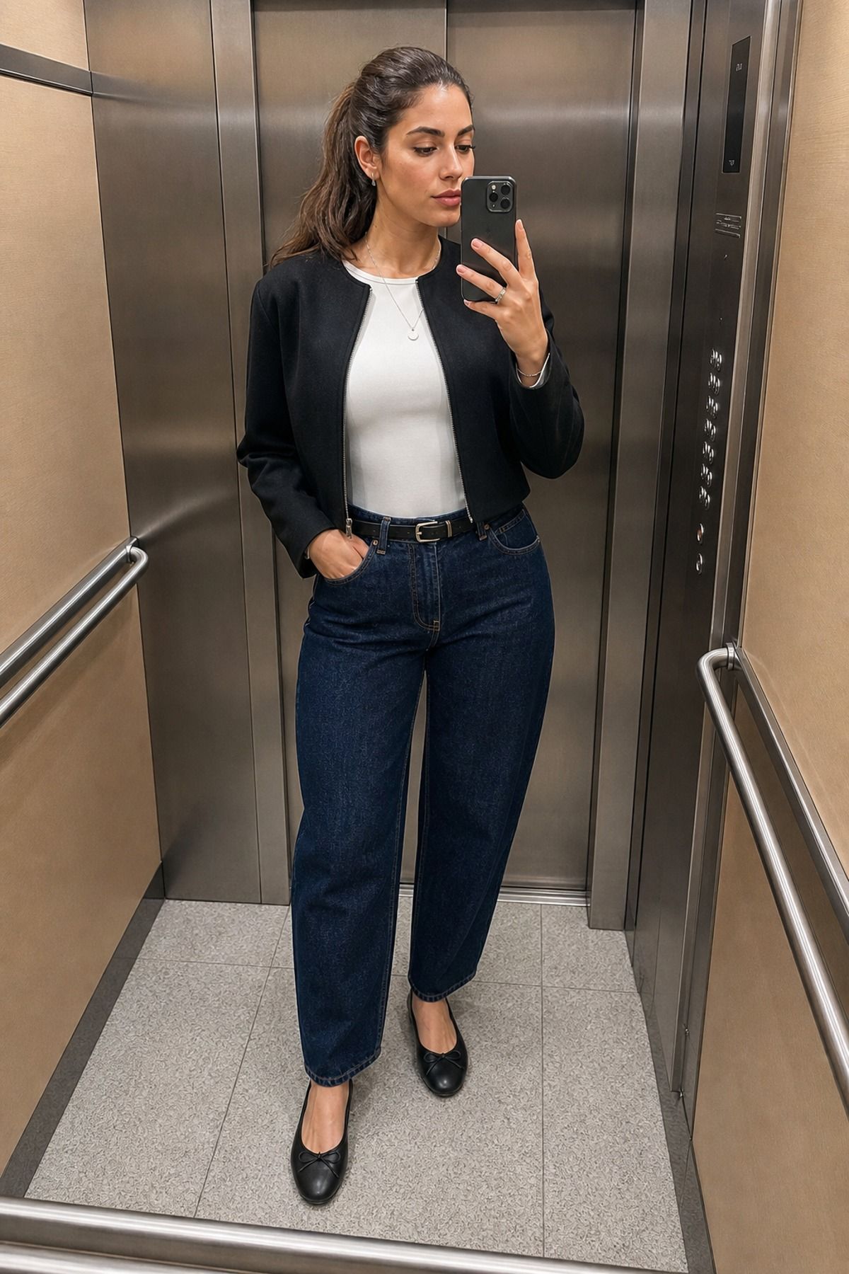Woman wearing barrel jeans with a sleek bodysuit