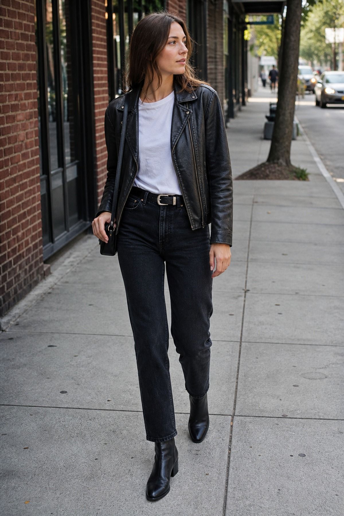 Woman wearing black jeans with a leather jacket
