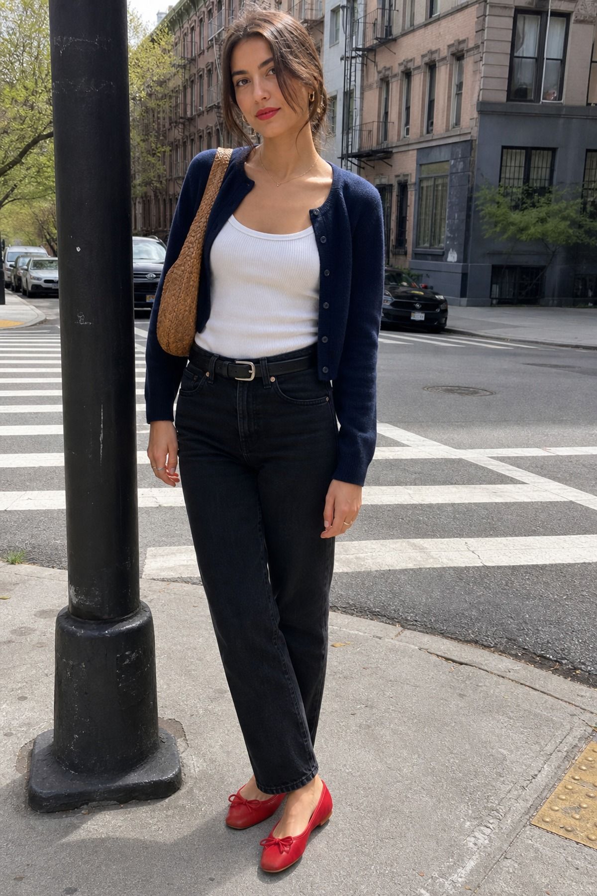 Woman wearing black jeans with red flats