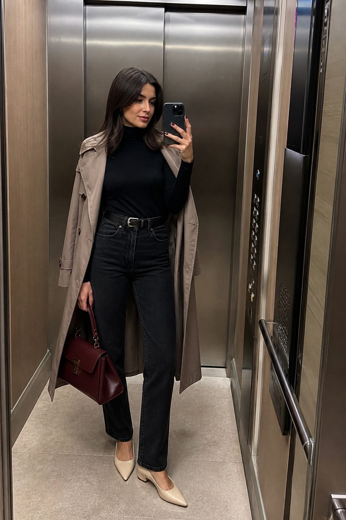 Woman wearing black jeans with a black turtleneck