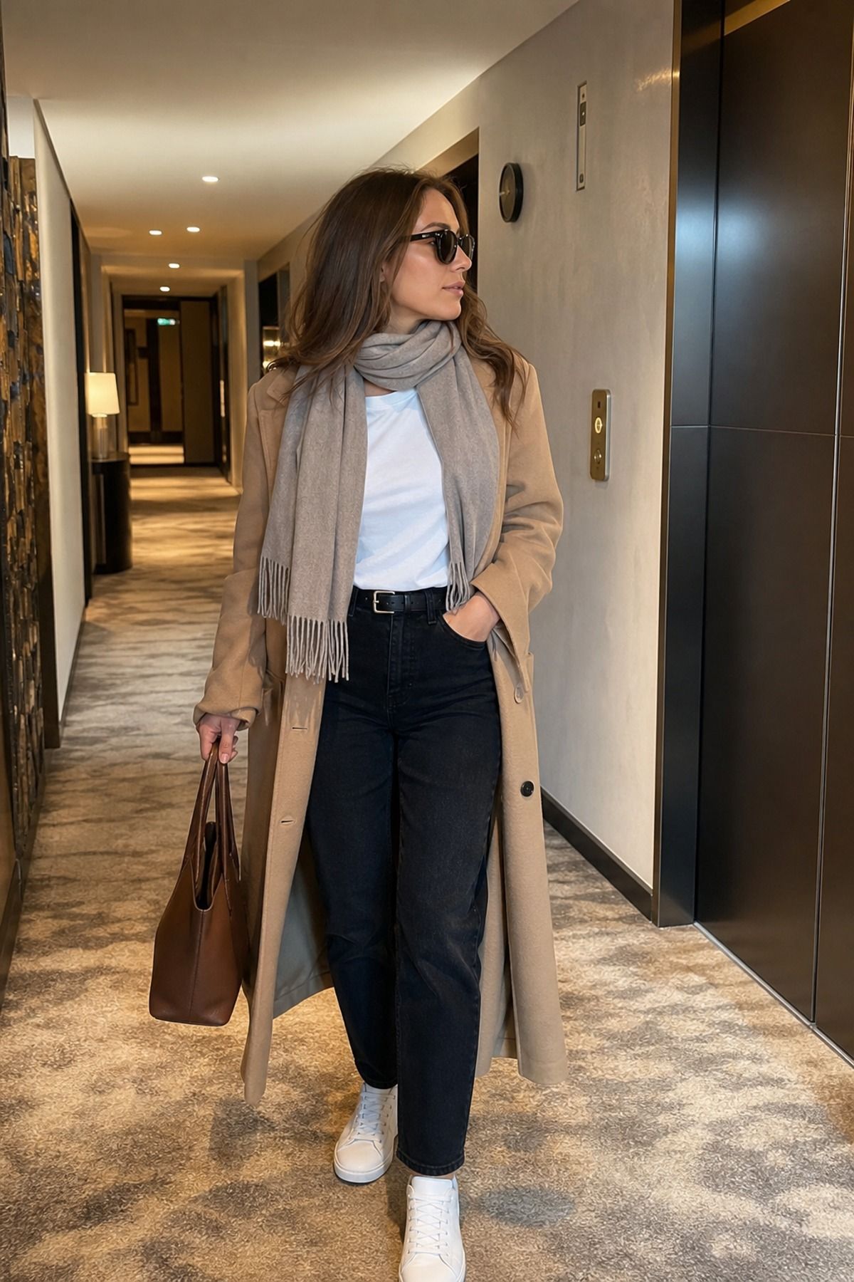 Woman wearing black jeans with a camel coat