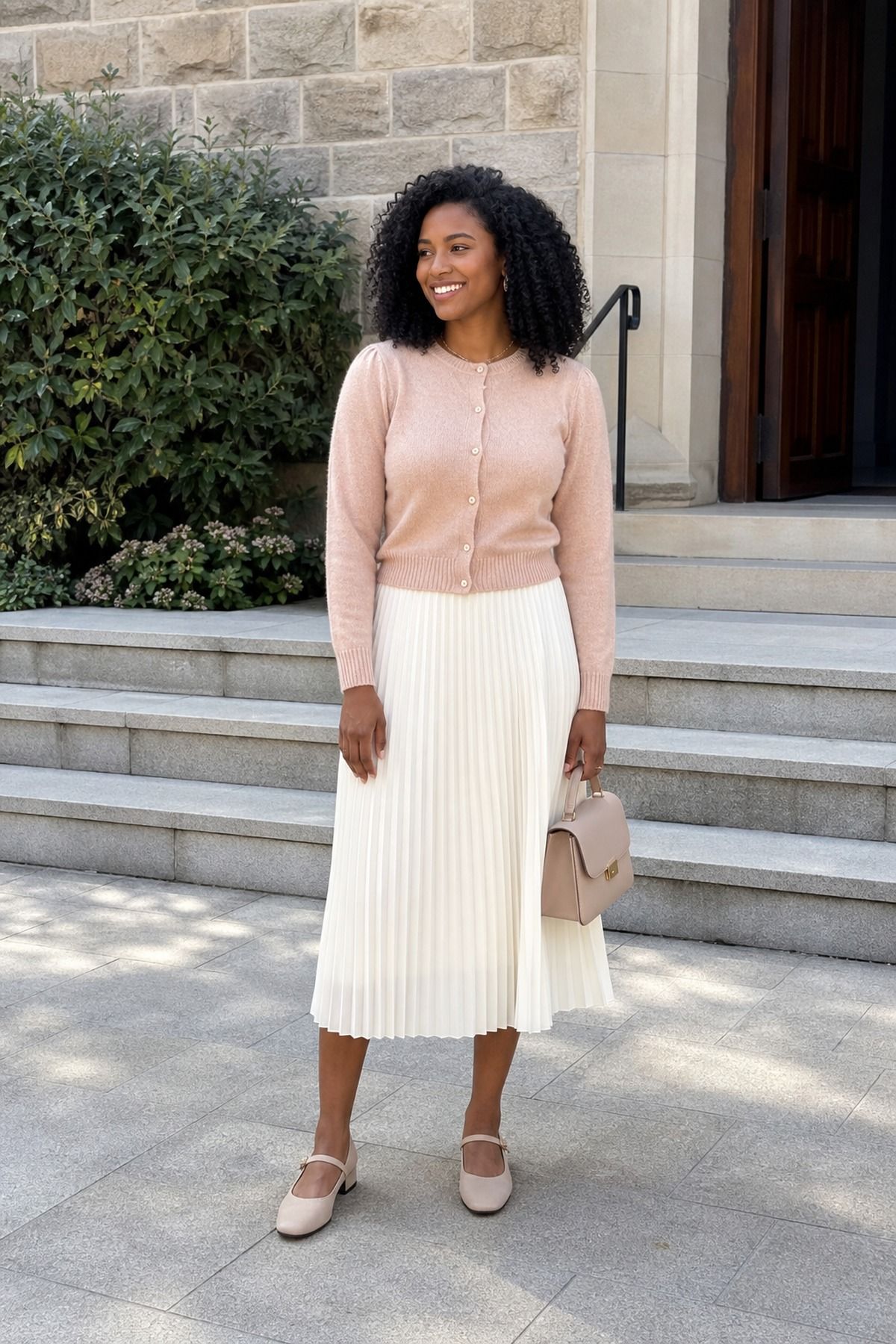 Woman wearing a cardigan with a pleated skirt, a casual church outfit