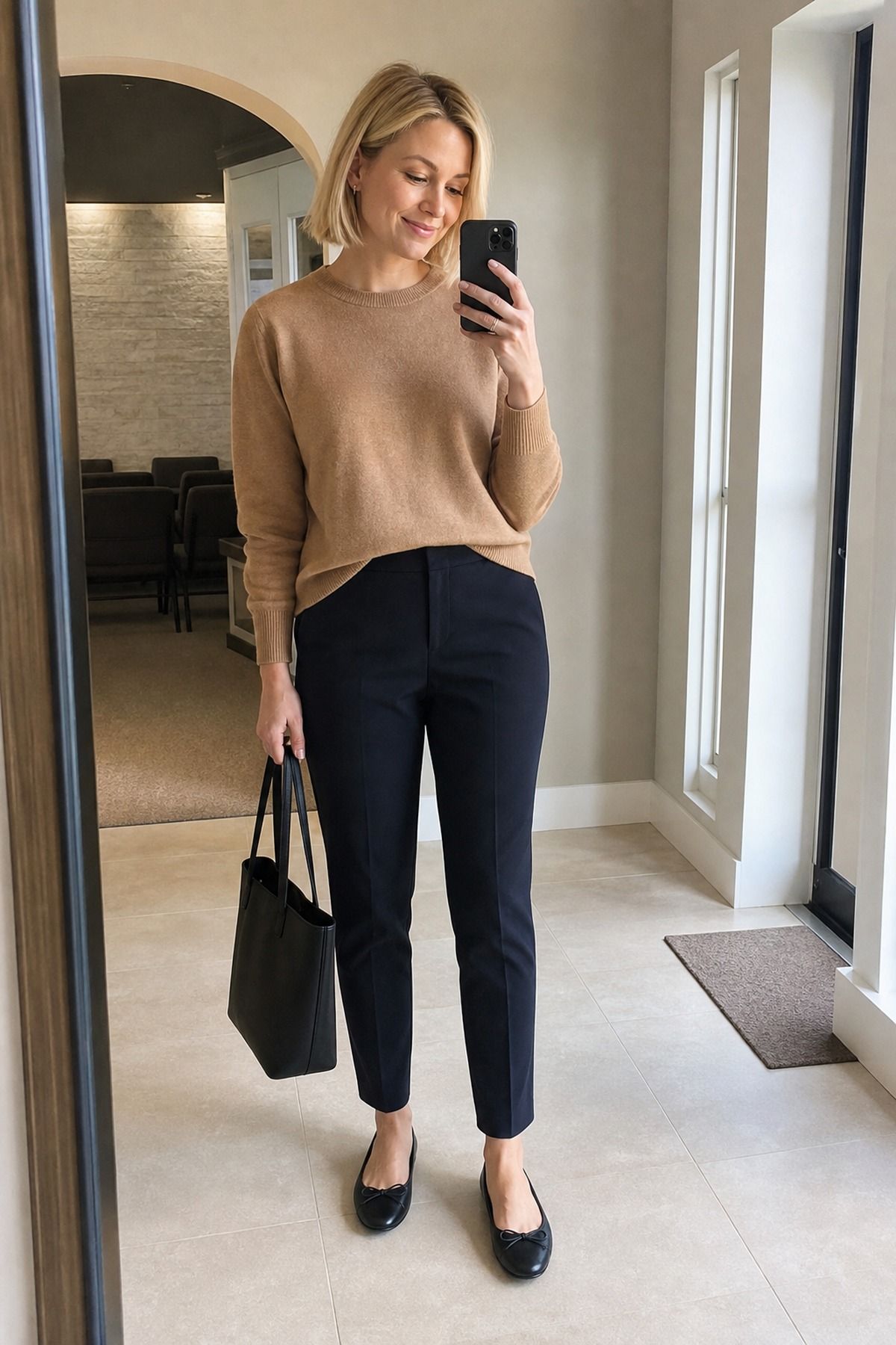 Woman wearing a fine knit with dark trousers, a casual church outfit