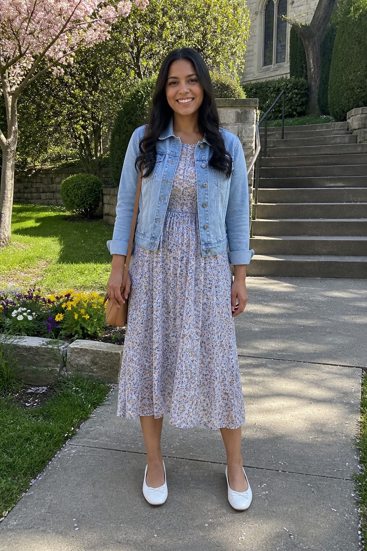 Woman wearing a denim jacket with a floral midi dress, a casual church outfit