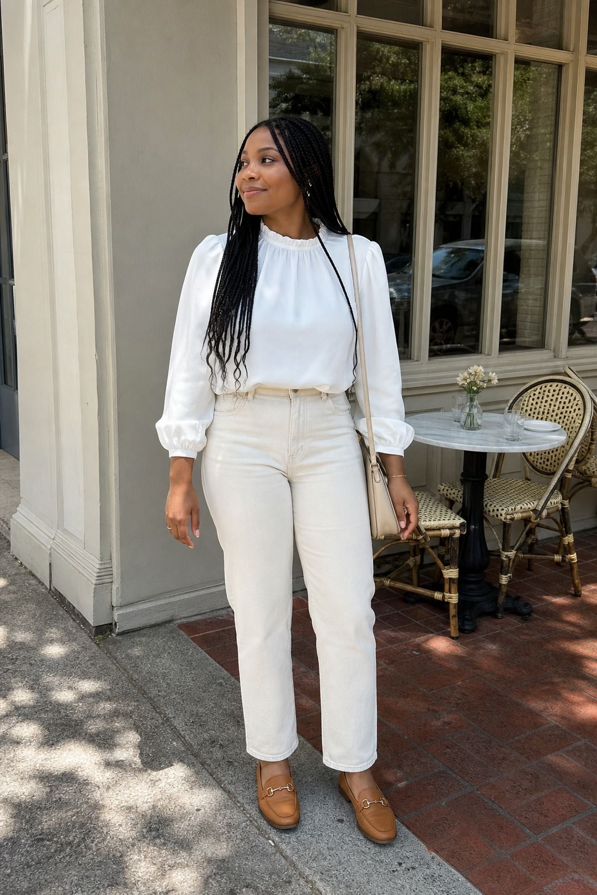 Woman wearing a white blouse with ecru jeans, a casual church outfit