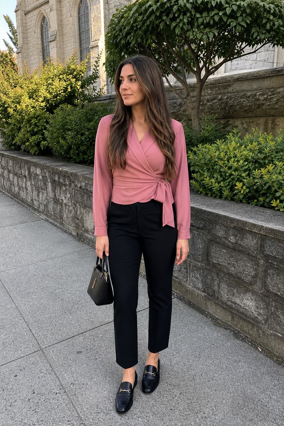 Woman wearing black trousers with a wrap top, a casual church outfit